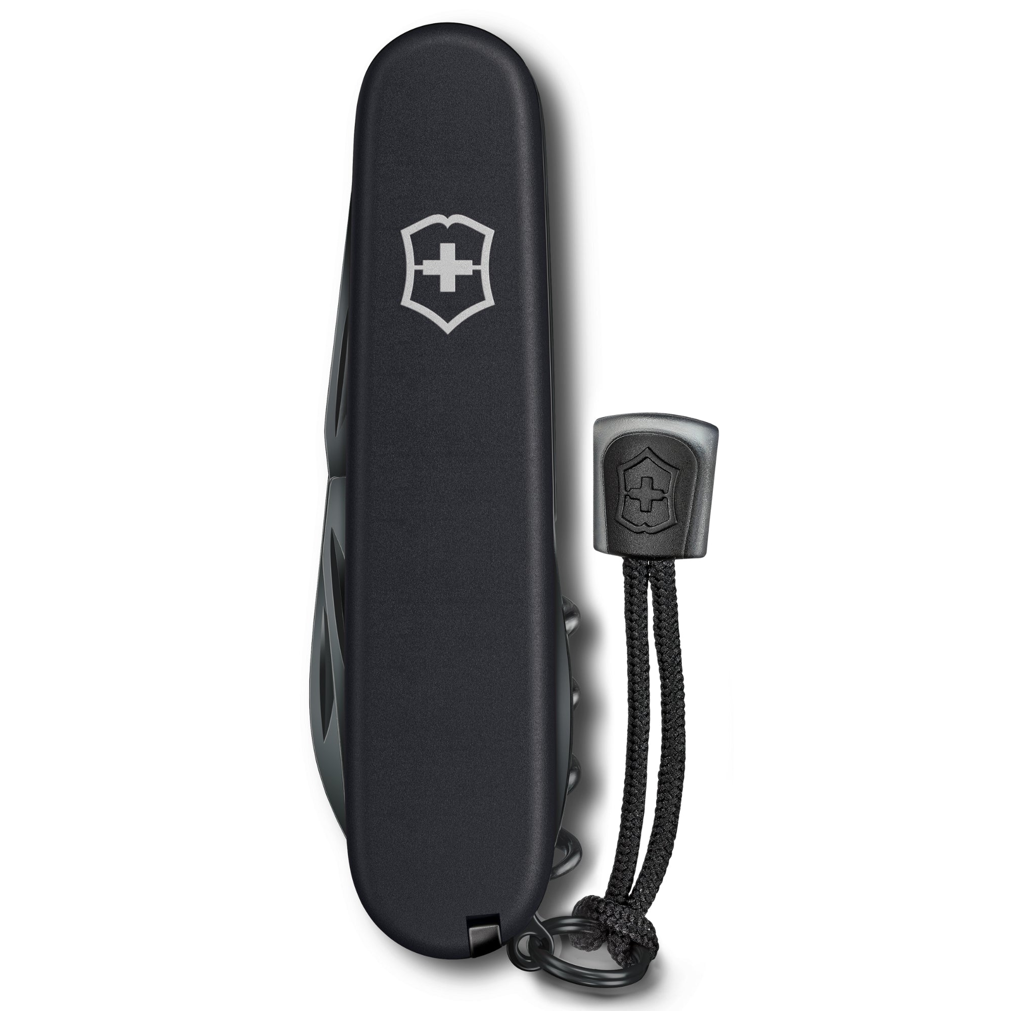 Black Victorinox Swiss Army knife with embossed shield logo, shown next to the I.N.O.X. watch