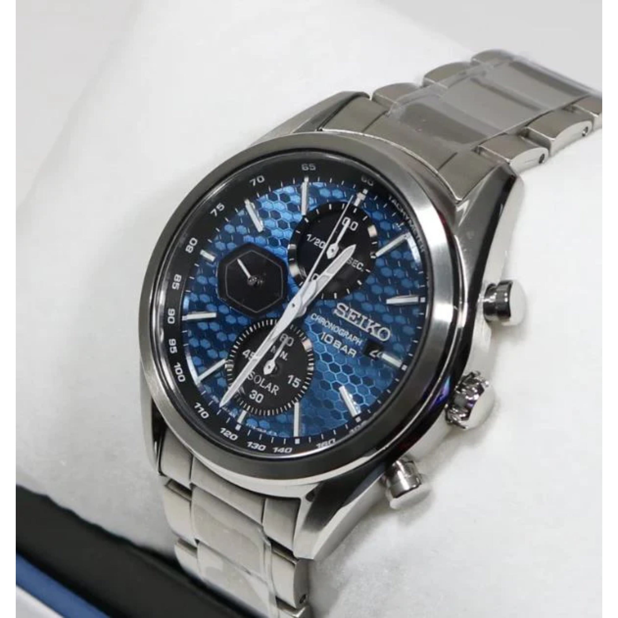 Seiko Conceptual Solar Quartz Blue Chronograph Dial Steel Bracelet Men's Watch SSC801P1