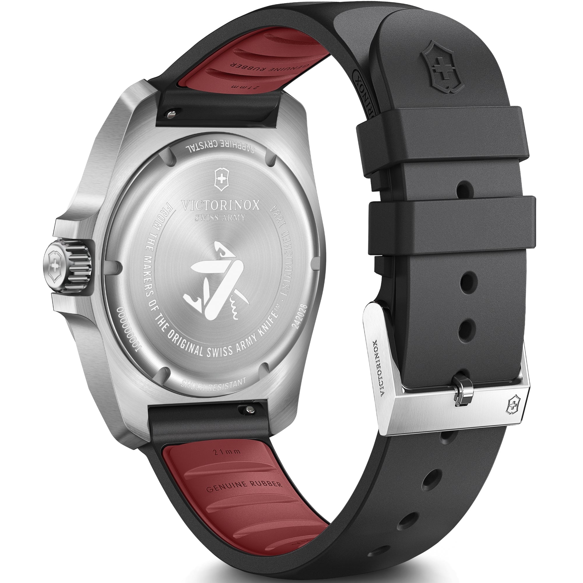 Victorinox I.N.O.X. 242028 showing stainless steel case, crown, pushers and black rubber strap