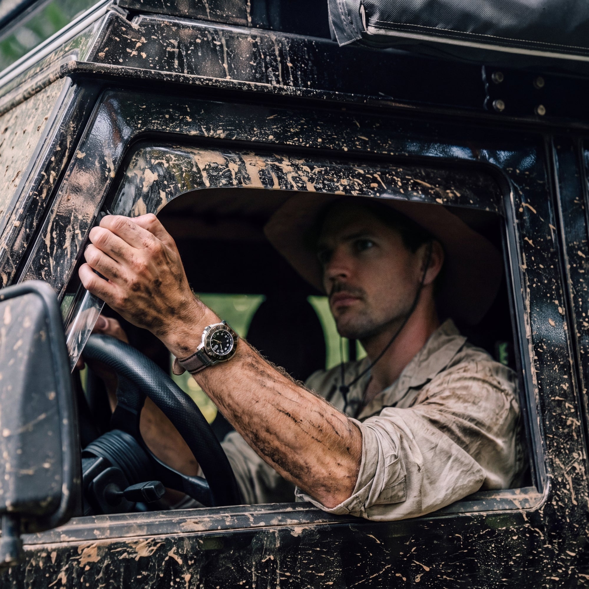 An explorer wearing the Luminox Adventure Watch XL.1301.LG on his wrist as he holds the steering wheel