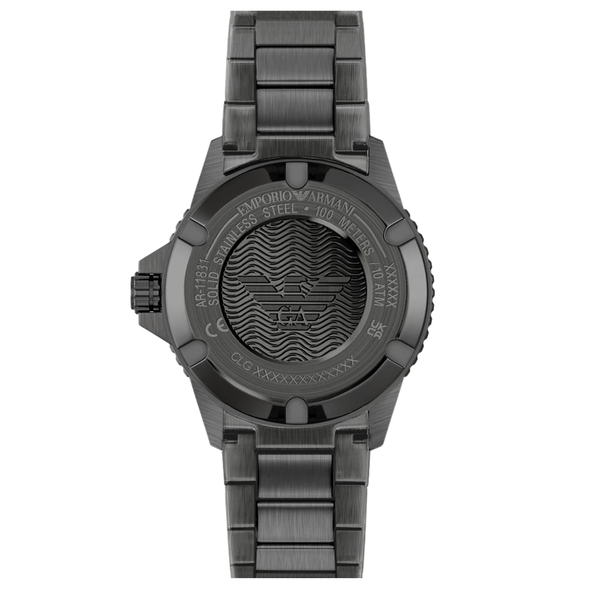 Angled rear view of the Emporio Armani World Explorer AR11831 watch displaying the engraved steel case back and black stainless steel bracelet.