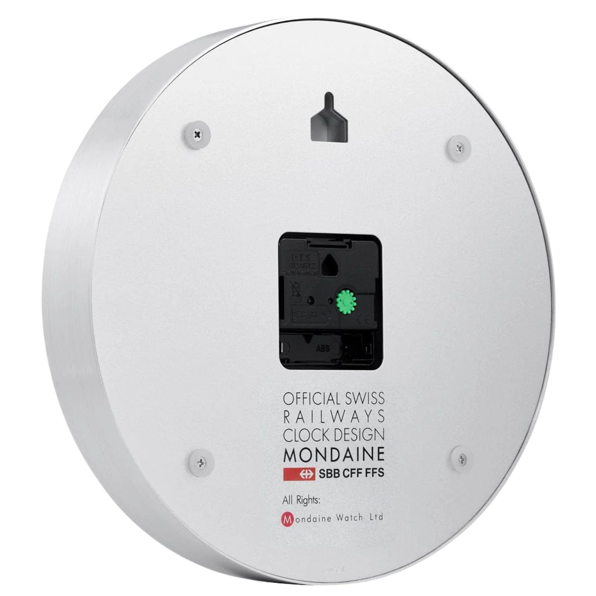 Back cover of Mondaine wall clock showing the battery compartment and mounting hole