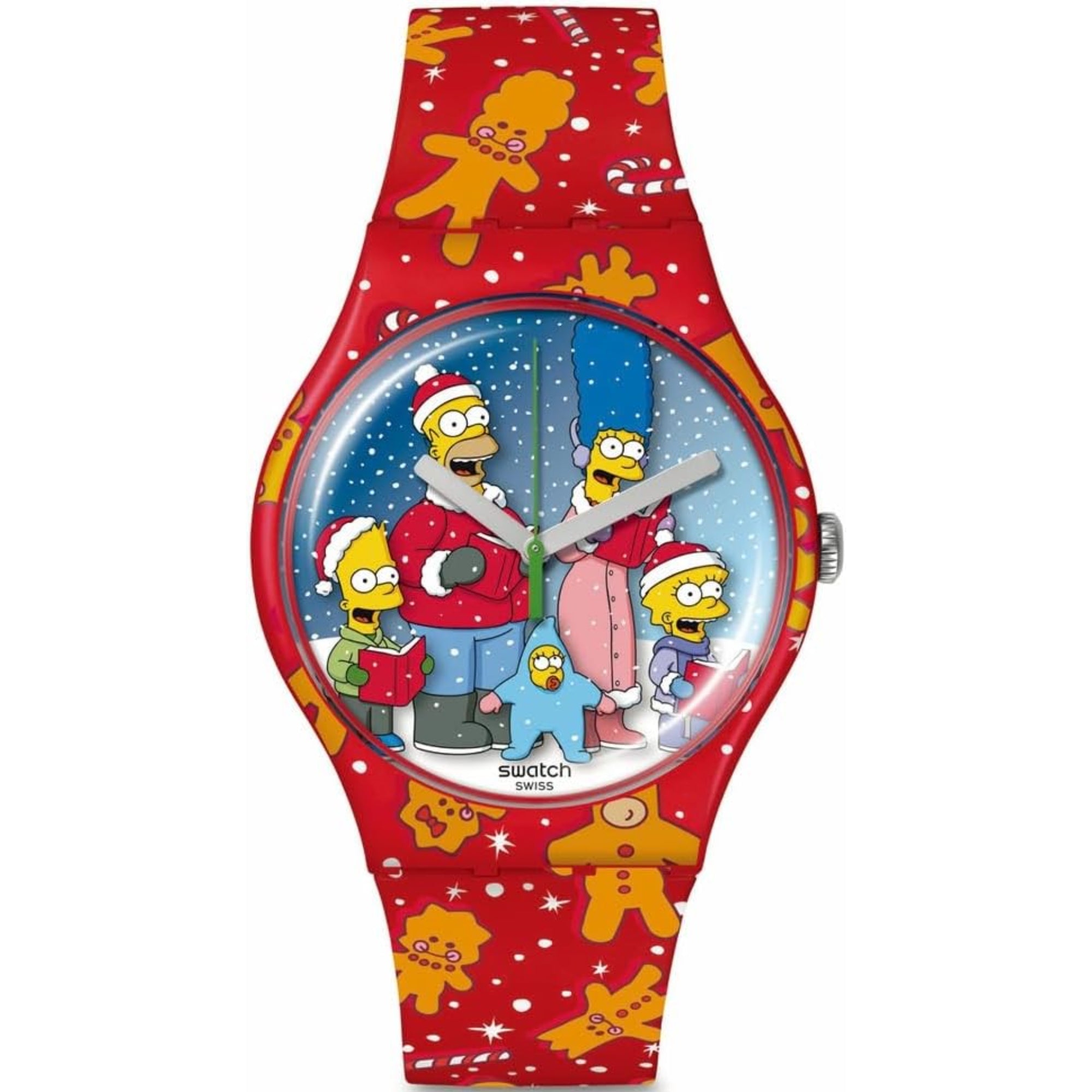 Swatch The Simpsons Collection Wondrous Winter Wonderland Quartz Red Dial Red Silicone Strap Unisex Watch SUOZ361