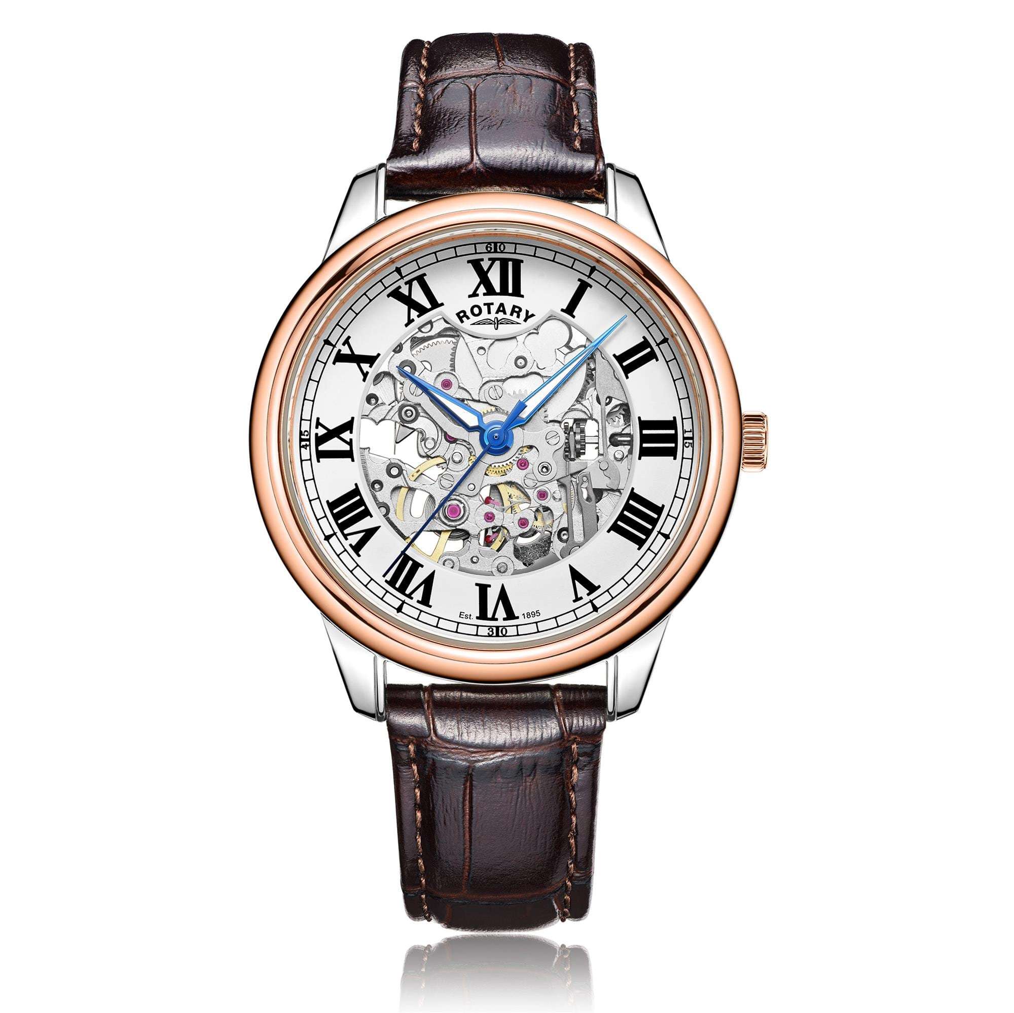 Rotary Skeleton Rose Gold Brown Strap Men’s Watch - WatchNation