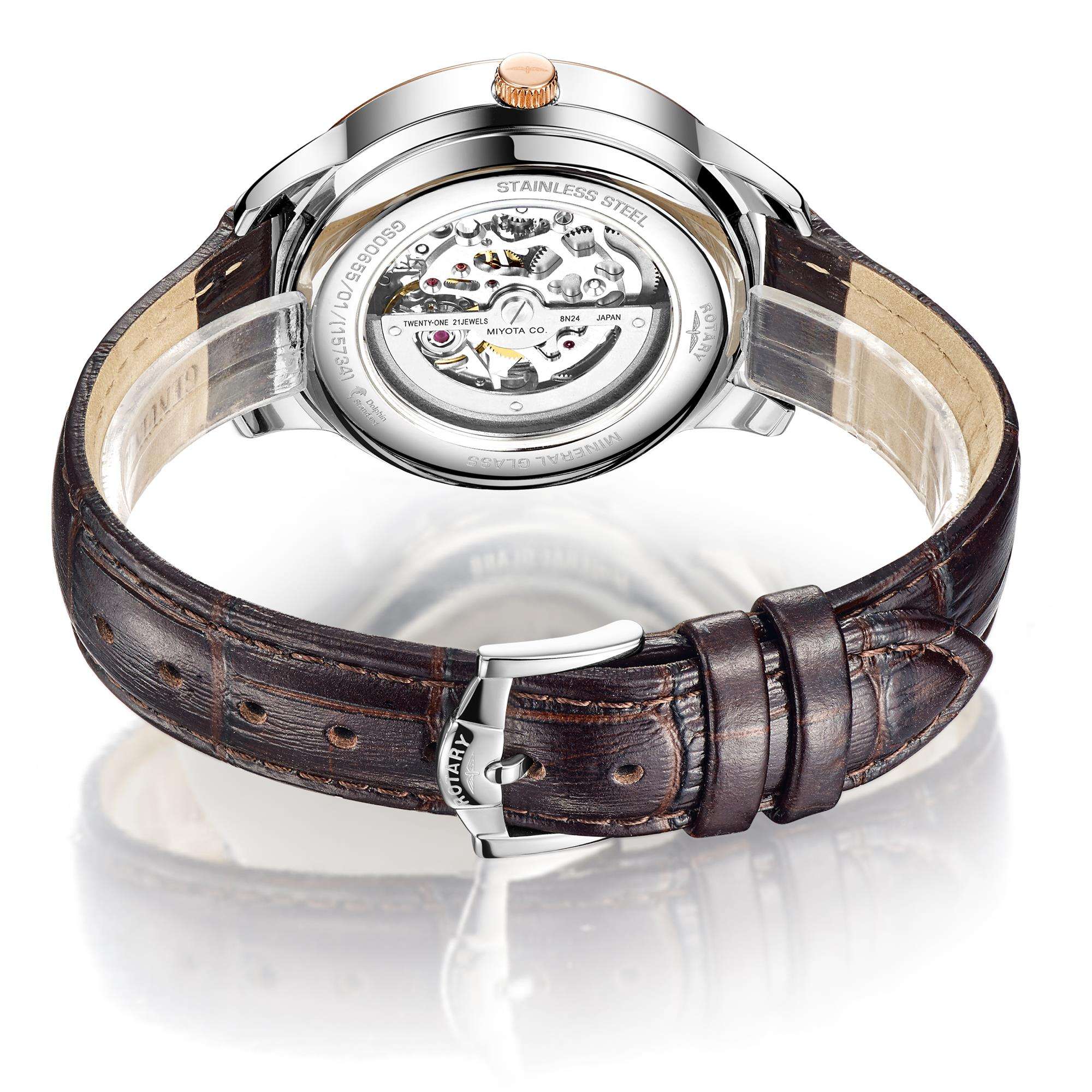 Rotary Skeleton Rose Gold Brown Strap Men’s Watch - WatchNation