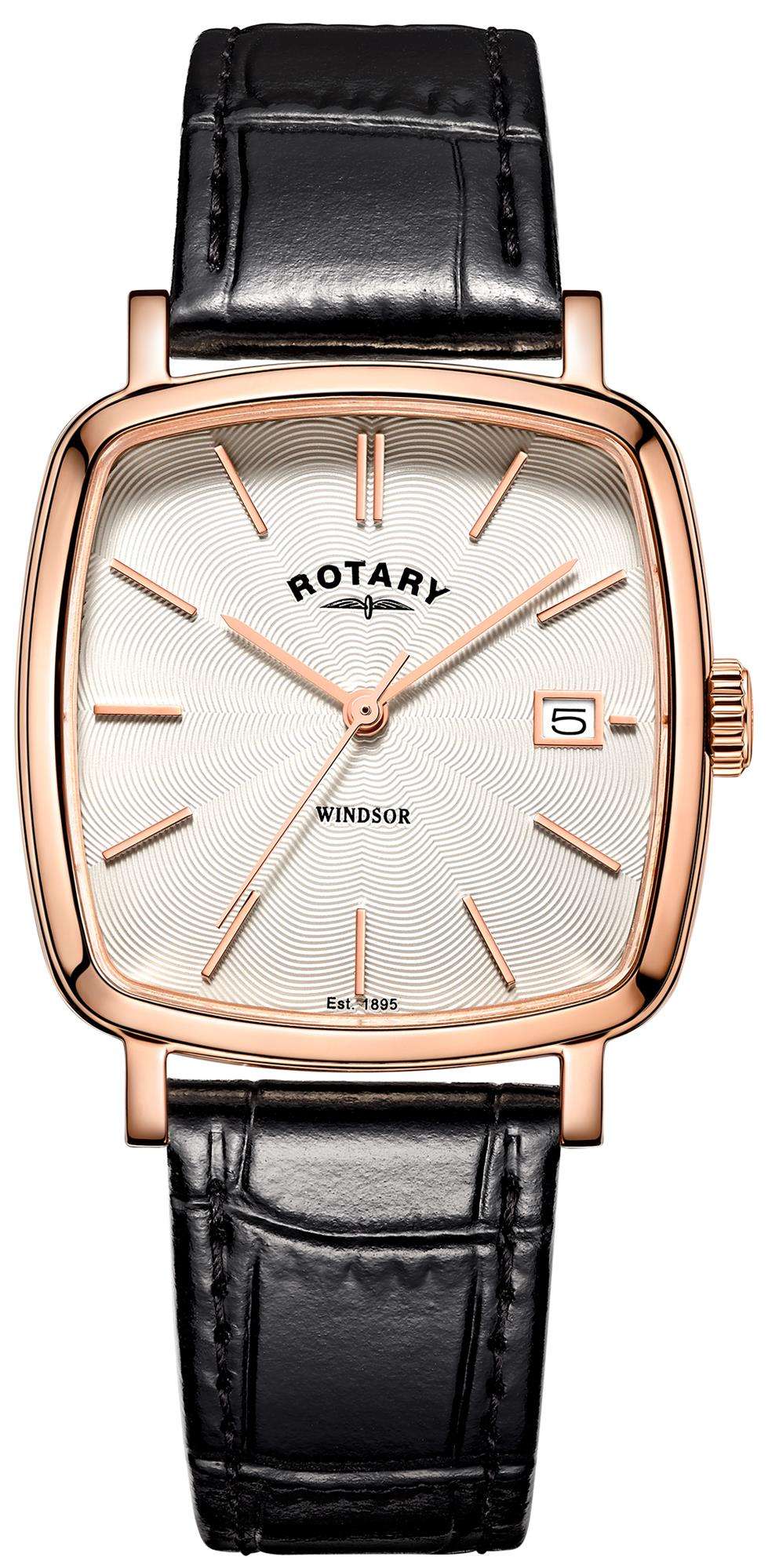 Rotary Windsor Rose Gold Brown Leather Strap Men’s Cushion Watch - WatchNation
