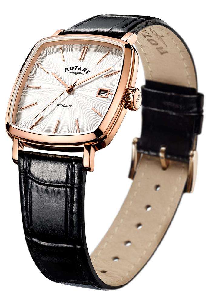 Rotary Windsor Rose Gold Brown Leather Strap Men’s Cushion Watch - WatchNation