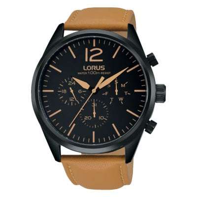 Lorus Sport Brown Leather Strap Black Dial Men's Watch RX411AX9