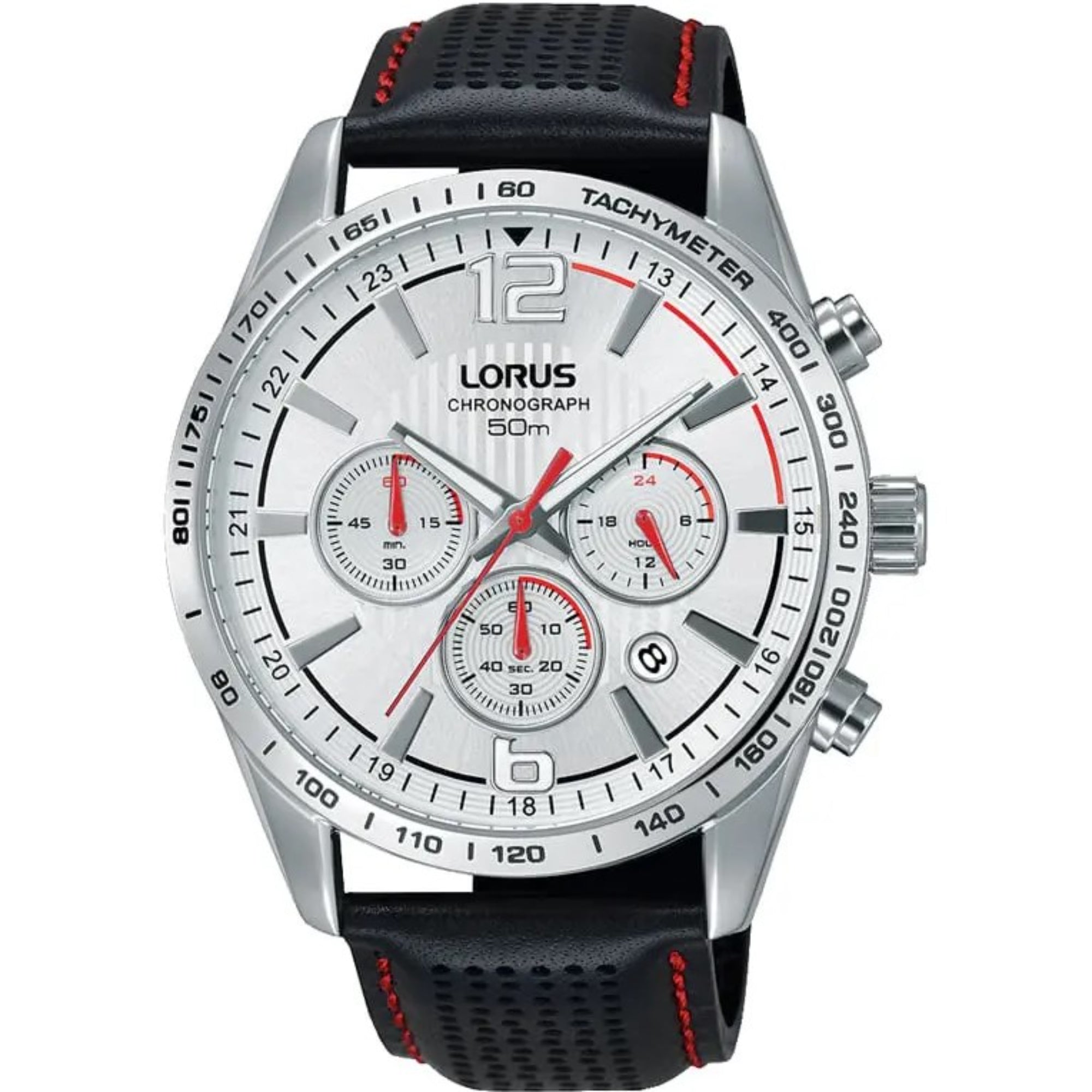 Lorus Sports Black With Red Stitch Leather White Dial Men's Chronograph Watch RT391FX9