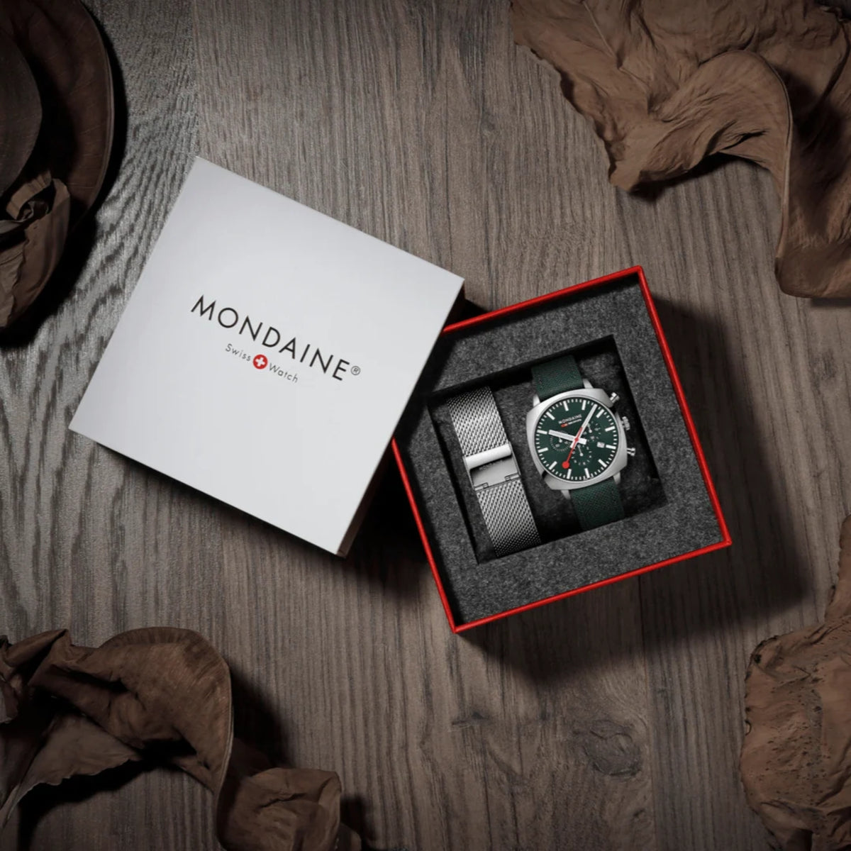 Mondaine Cushion MSL.41460.LF.SET presentation box set featuring green dial chronograph watch with extra steel mesh strap