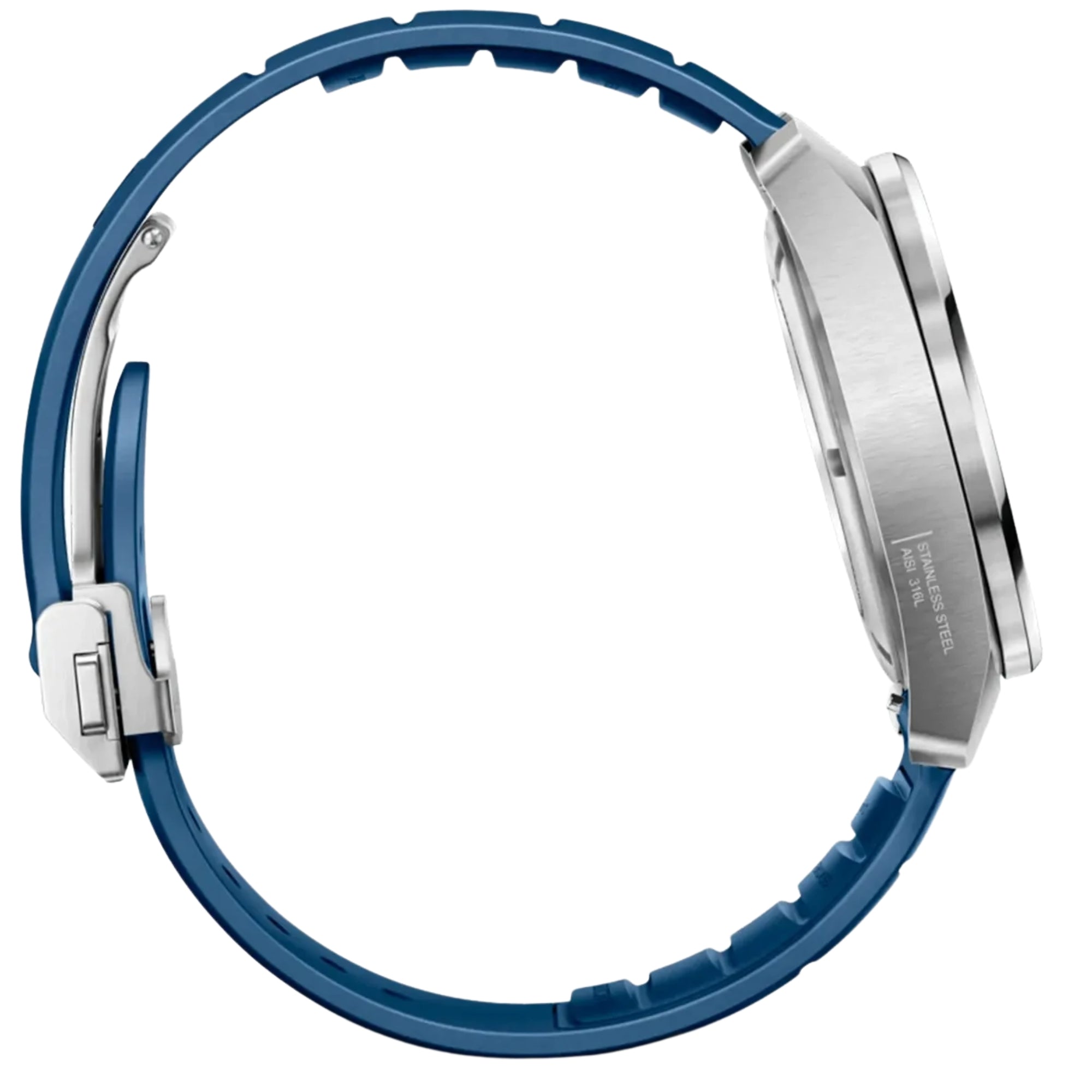 Victorinox Concept 39mm 242056 silver watch with a textured blue rubber strap side profile