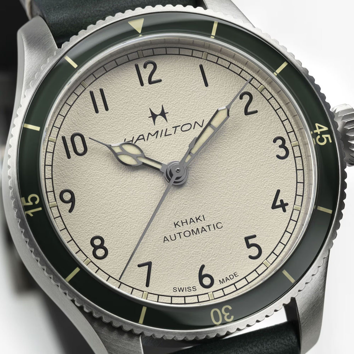 Hamilton Khaki Aviation H76255810 eggshell white grained dial with cathedral hands close-up