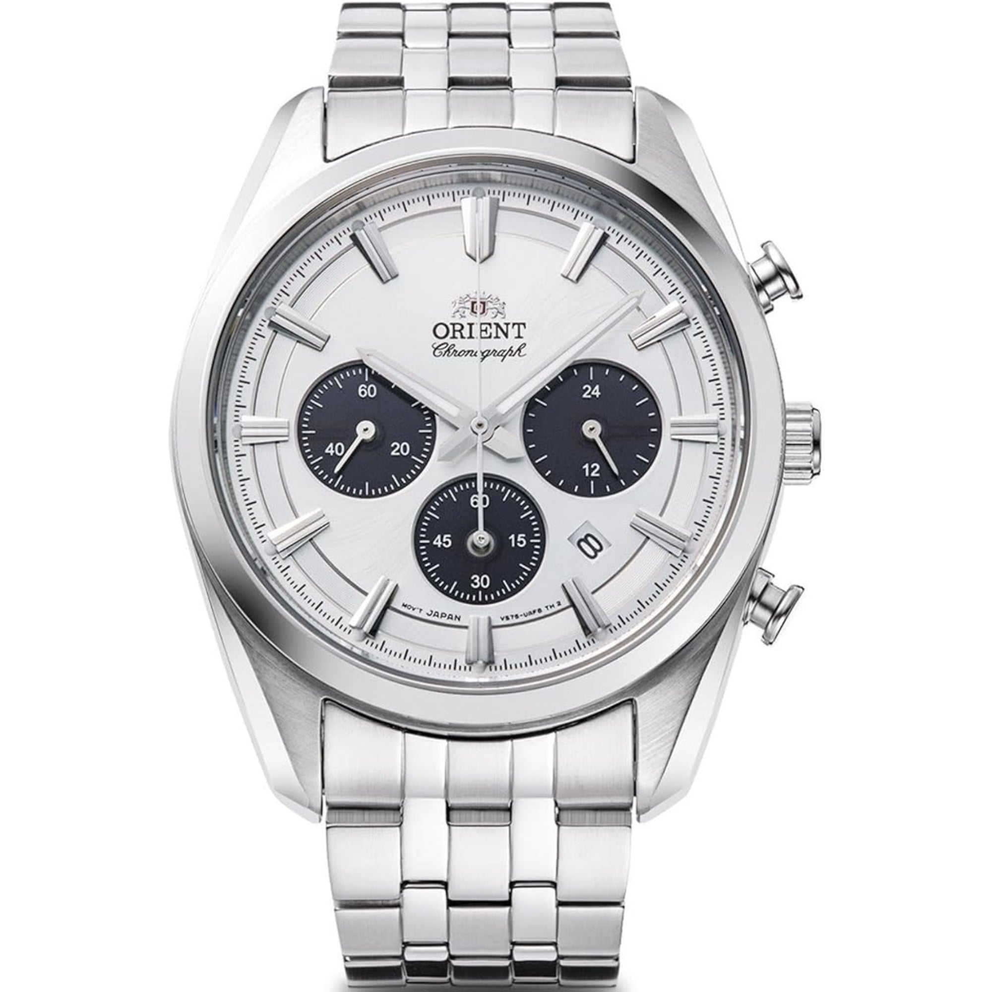 Orient Contemporary Stretto Date Solar Chronograph White Dial Steel Strap Men’s Watch RA-TX0305S10B