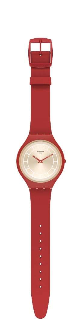 Swatch Skinhot Case Beige Dial Red Leather Strap Watch