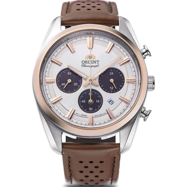 Orient Contemporary Stretto Date Solar Chronograph White Dial Brown Leather Strap Men’s Watch RA-TX0306S10B