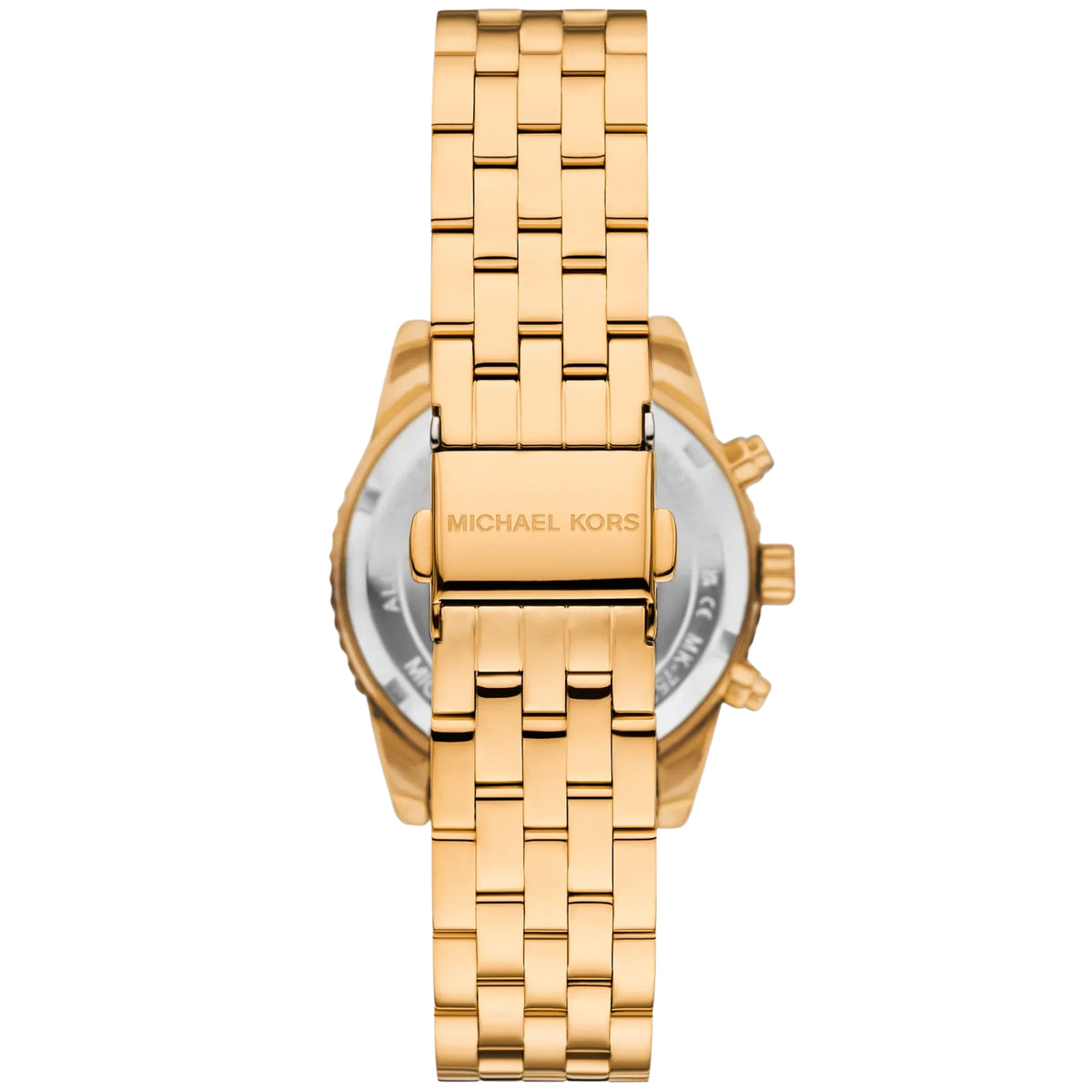 Gold-tone chronograph watch back view with bracelet links and dial window