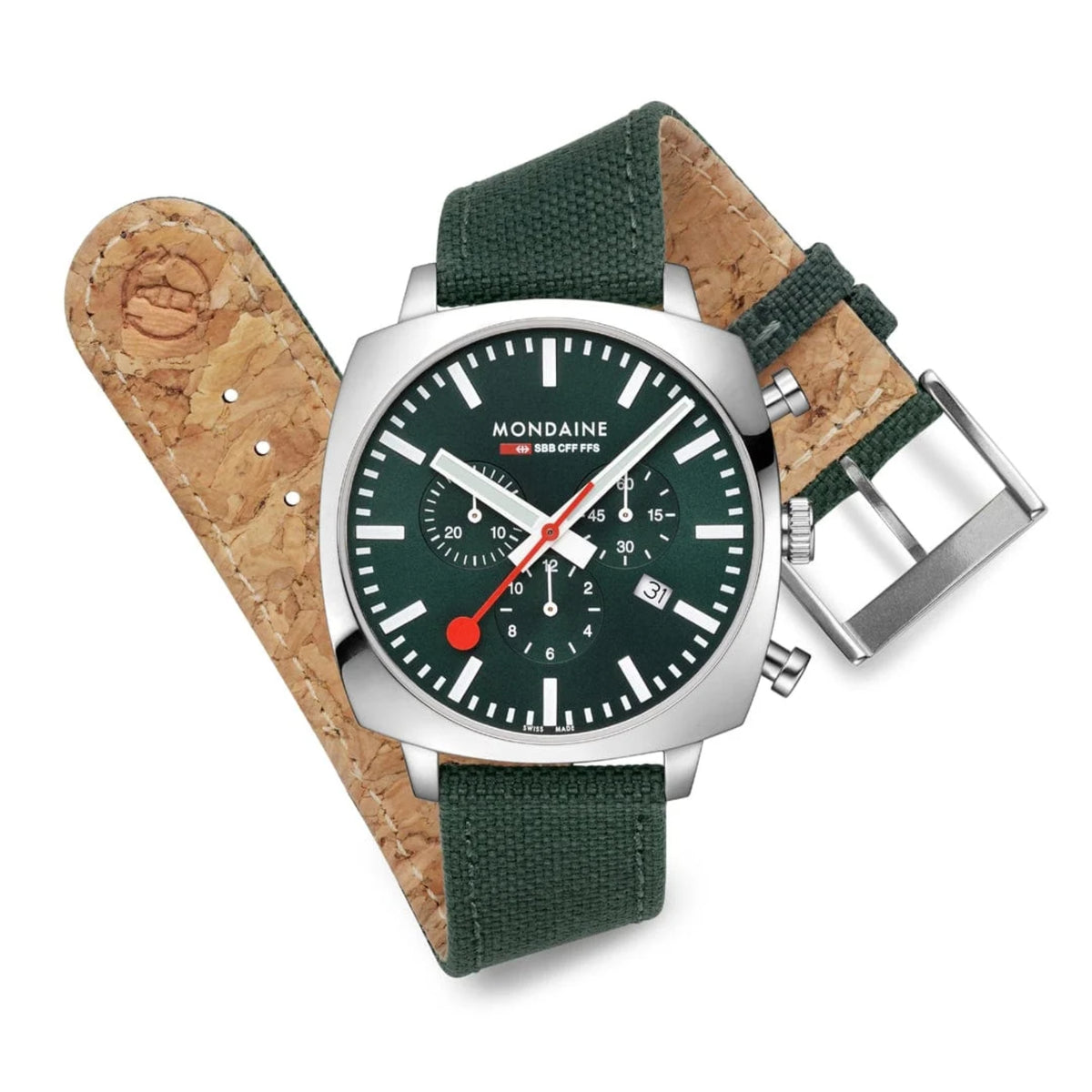 Mondaine Cushion MSL.41460.LF.SET product arrangement showing green chronograph watch resting on textile strap with cork lining
