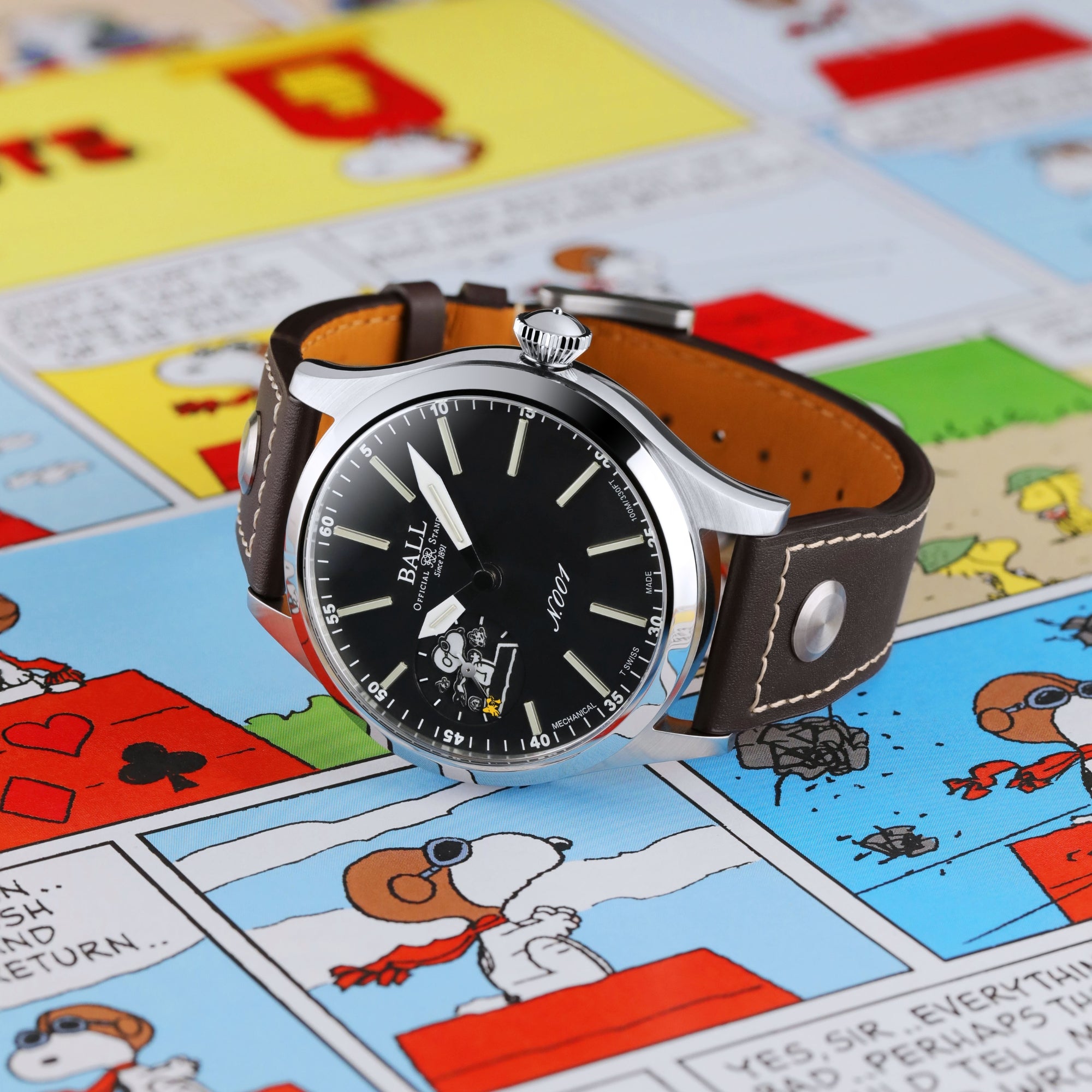 BALL Engineer Master II 46mm Snoopy Flying Ace Limited Edition Black Dial Leather Mens Manual-Wind Watch NM2638C-L2J-BK