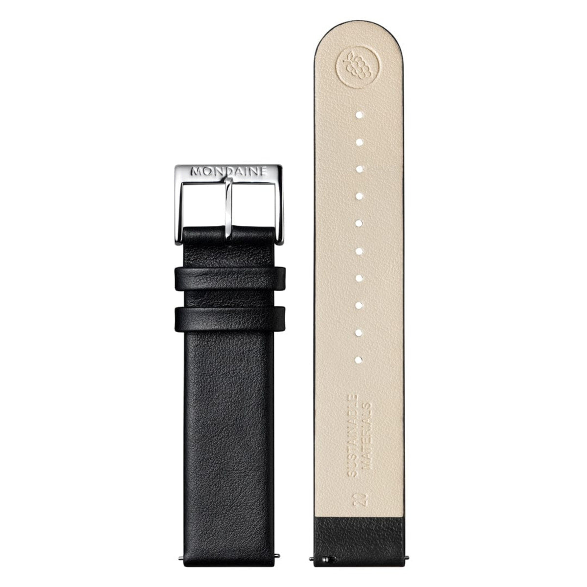 Mondaine leather watch straps, black and light beige backs with buckle