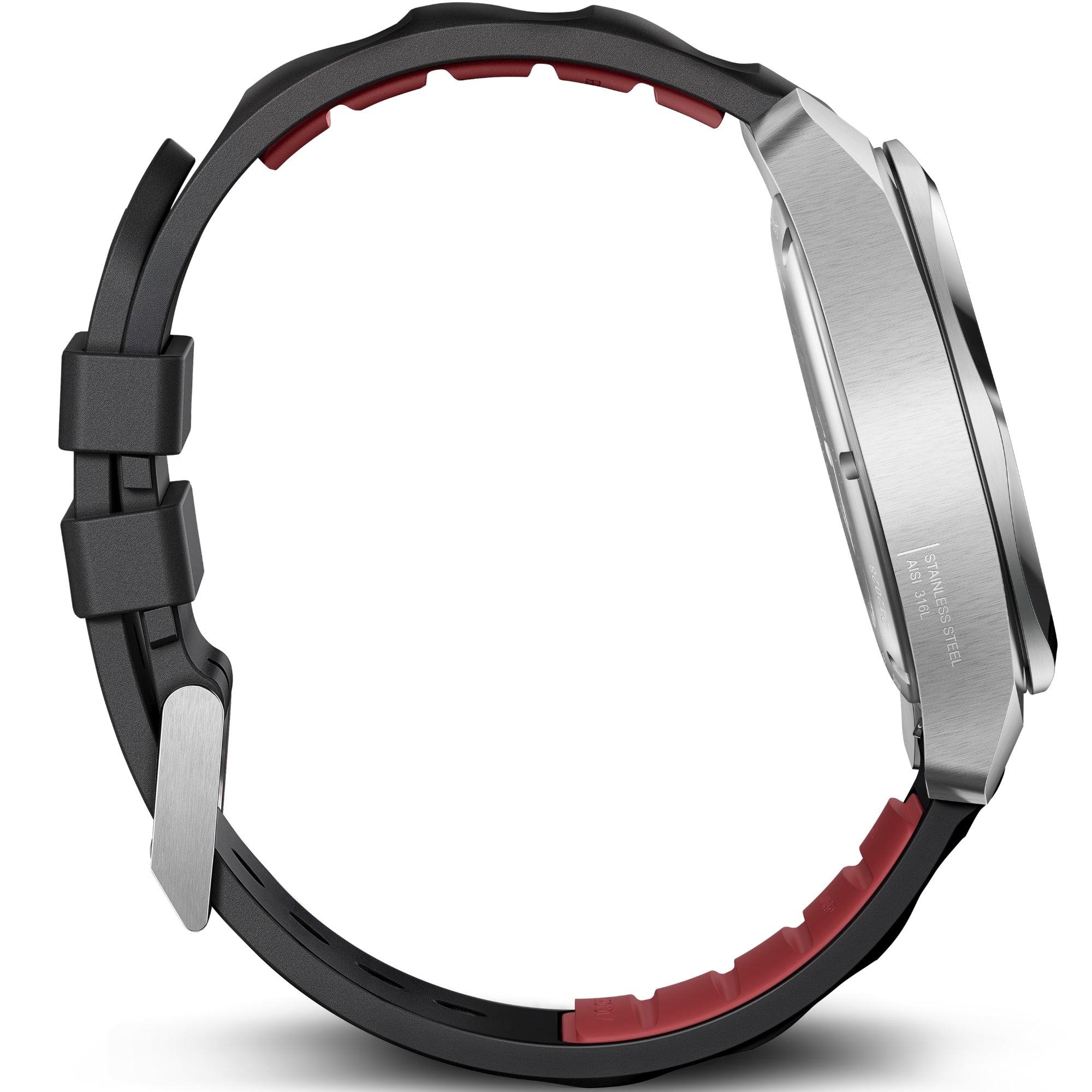 Side view of Victorinox I.N.O.X. 242028 showing stainless steel case and black rubber strap