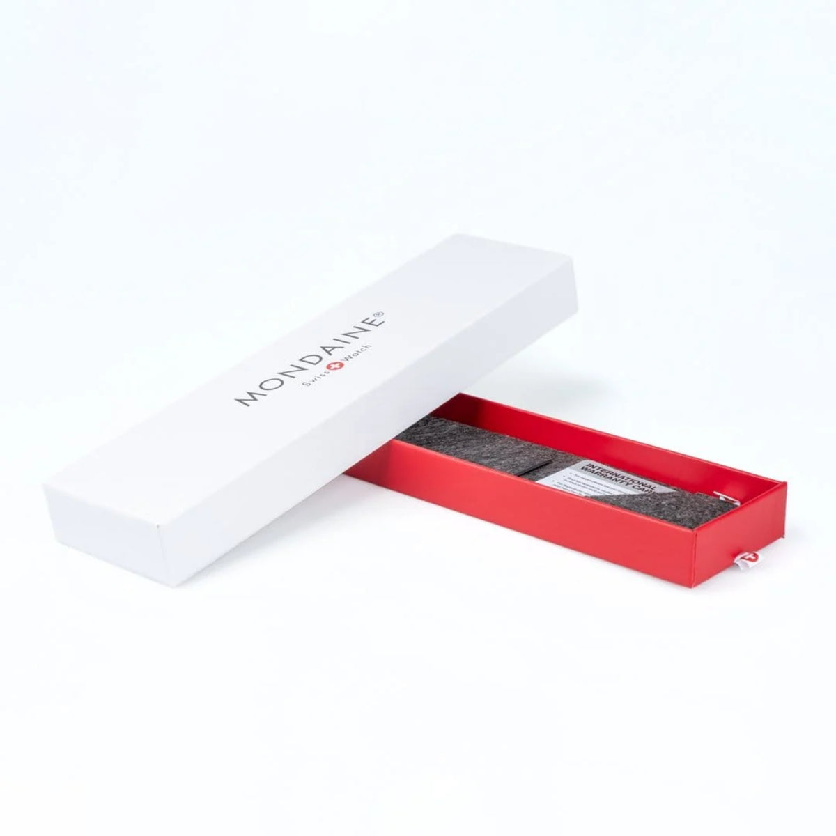 Mondaine Essence MS1.32120.RB presentation packaging box shown open with brand logo