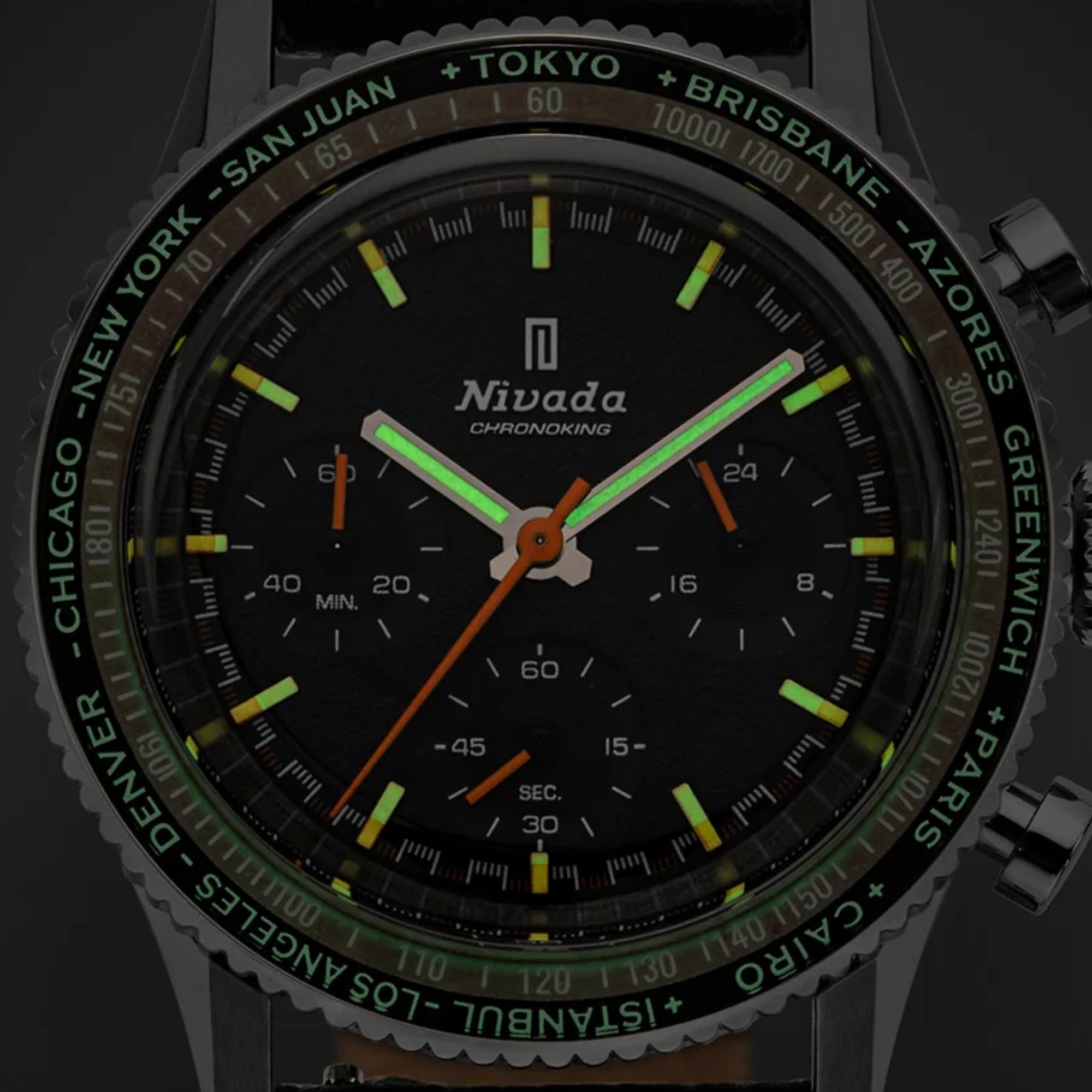 Nivada Grenchen Chronoking Mecaquartz 38mm Chronograph GMT Black Dial Rubber Mens Quartz Watch 87042Q01