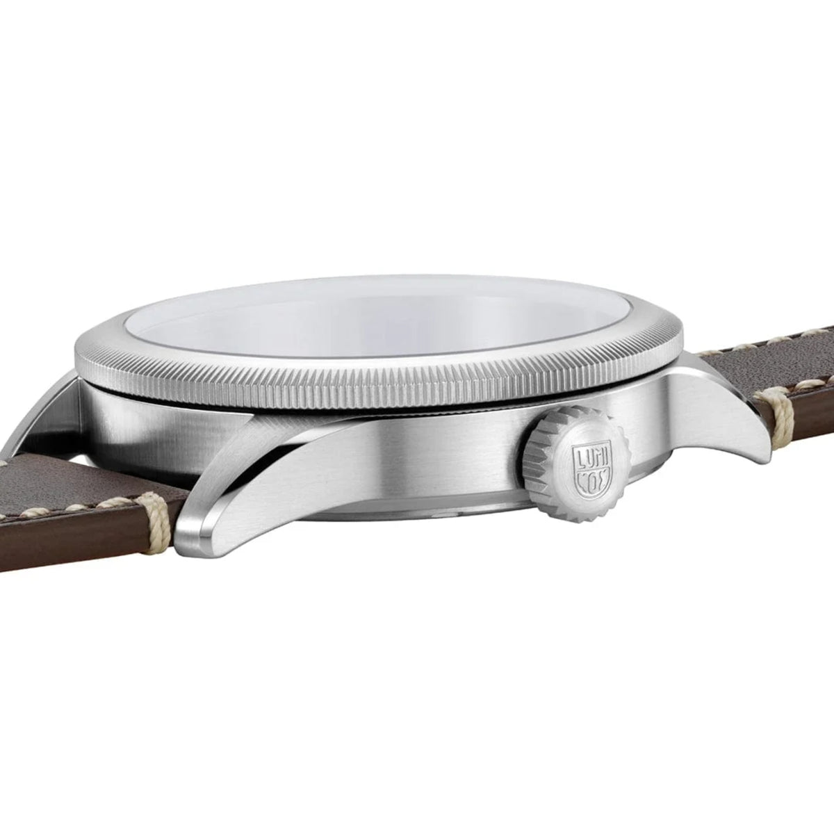 Luminox P-38 Lightning Air Pilot 9520 Series XA.9521 mens watch profile view showing brushed steel case depth and signed crown