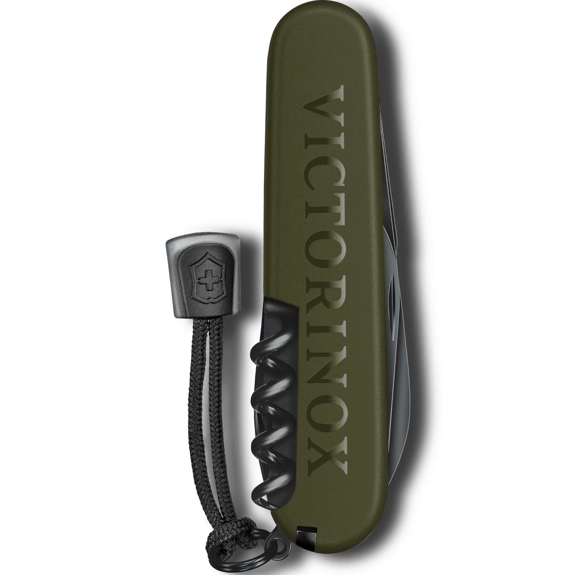 An olive green Victorinox pocket knife shown closed