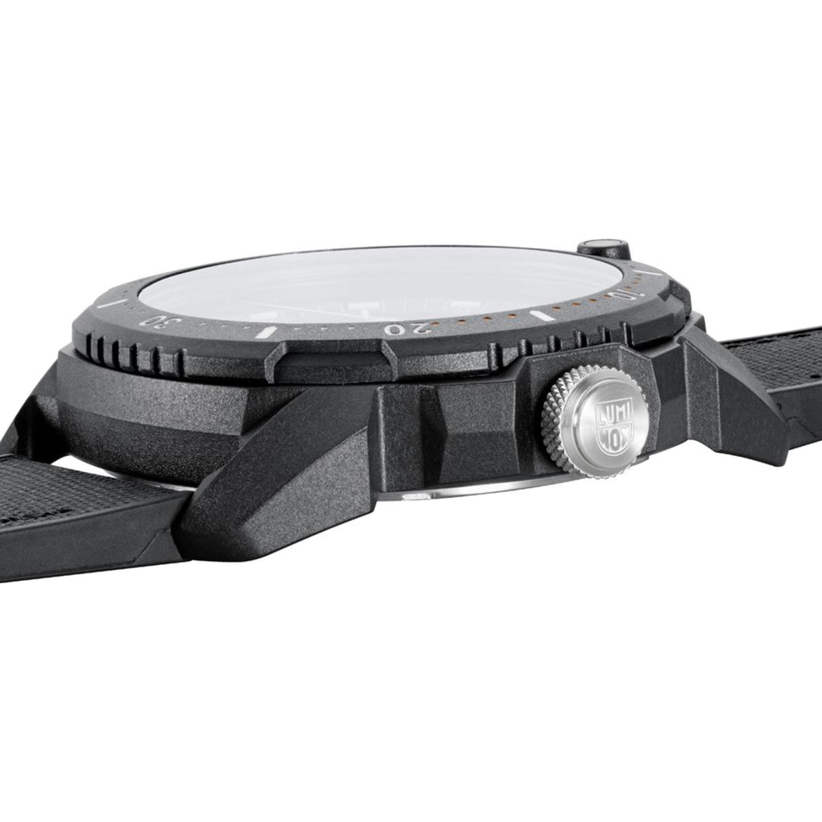 Luminox ICE SAR Arctic 1050 Series XL.1052 side view of black case and silver crown