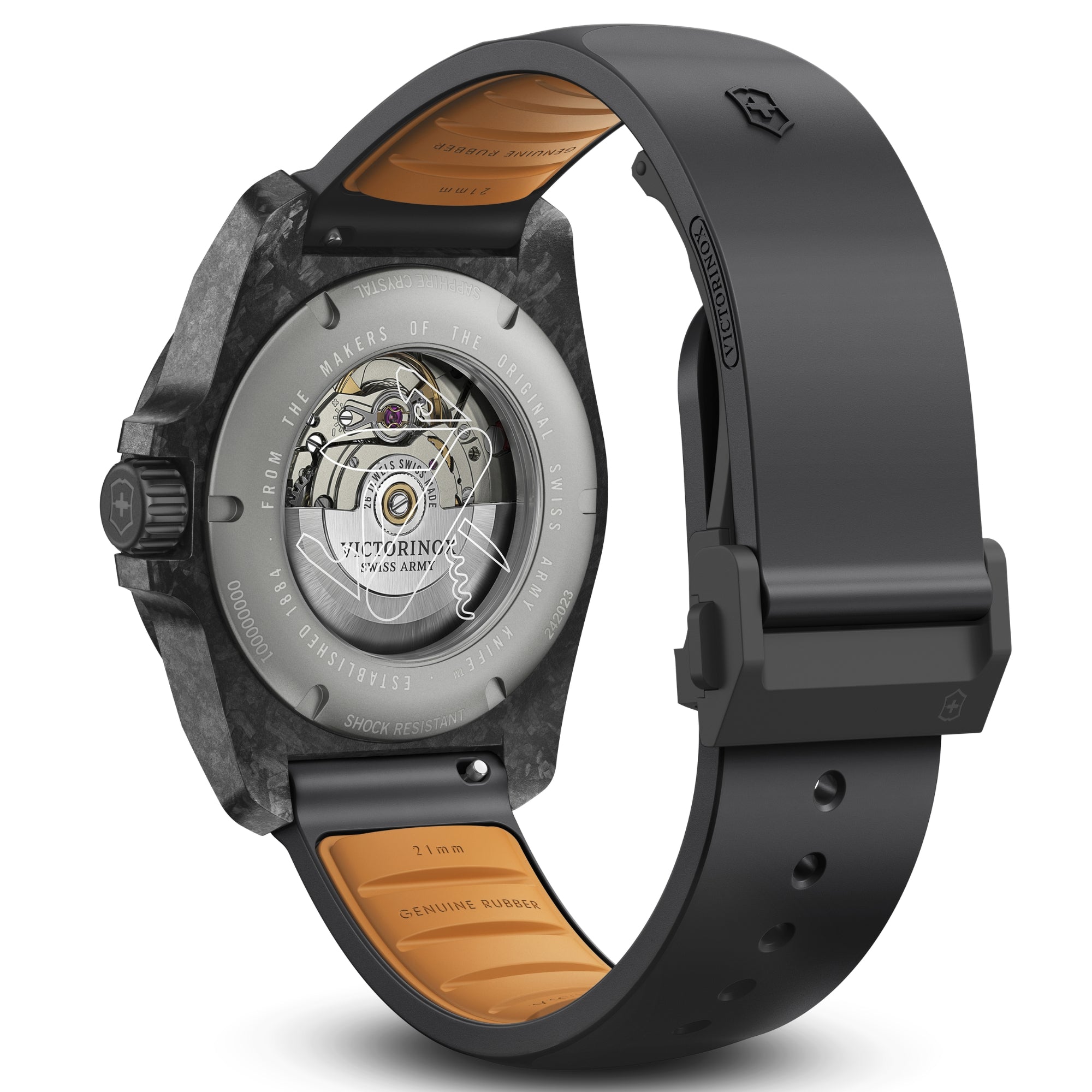 Victorinox I.N.O.X. 242023.1 exhibition caseback showing automatic movement and black rubber strap