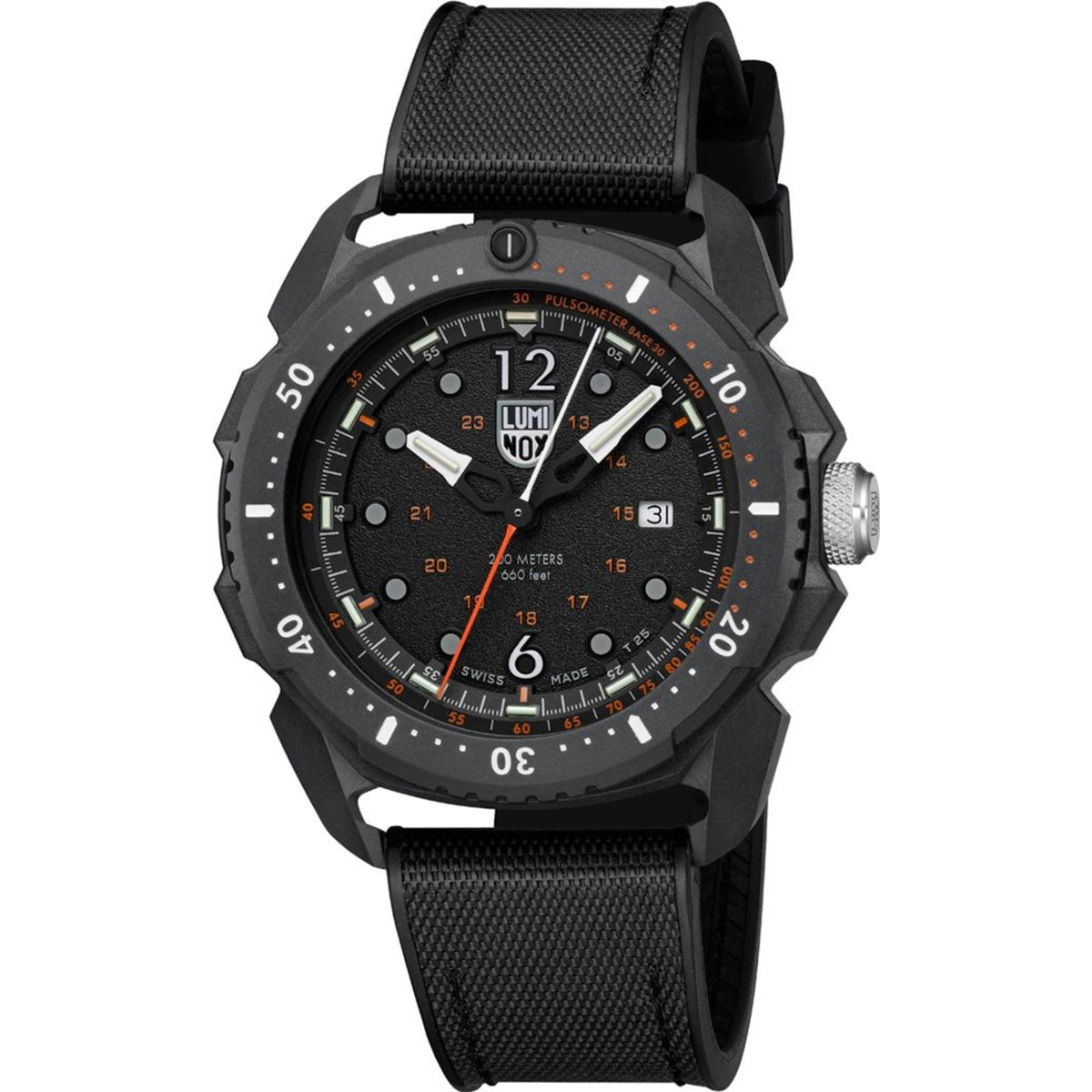 Luminox ICE SAR Arctic 1050 Series XL.1052 watch with black dial and black rubber strap angled view
