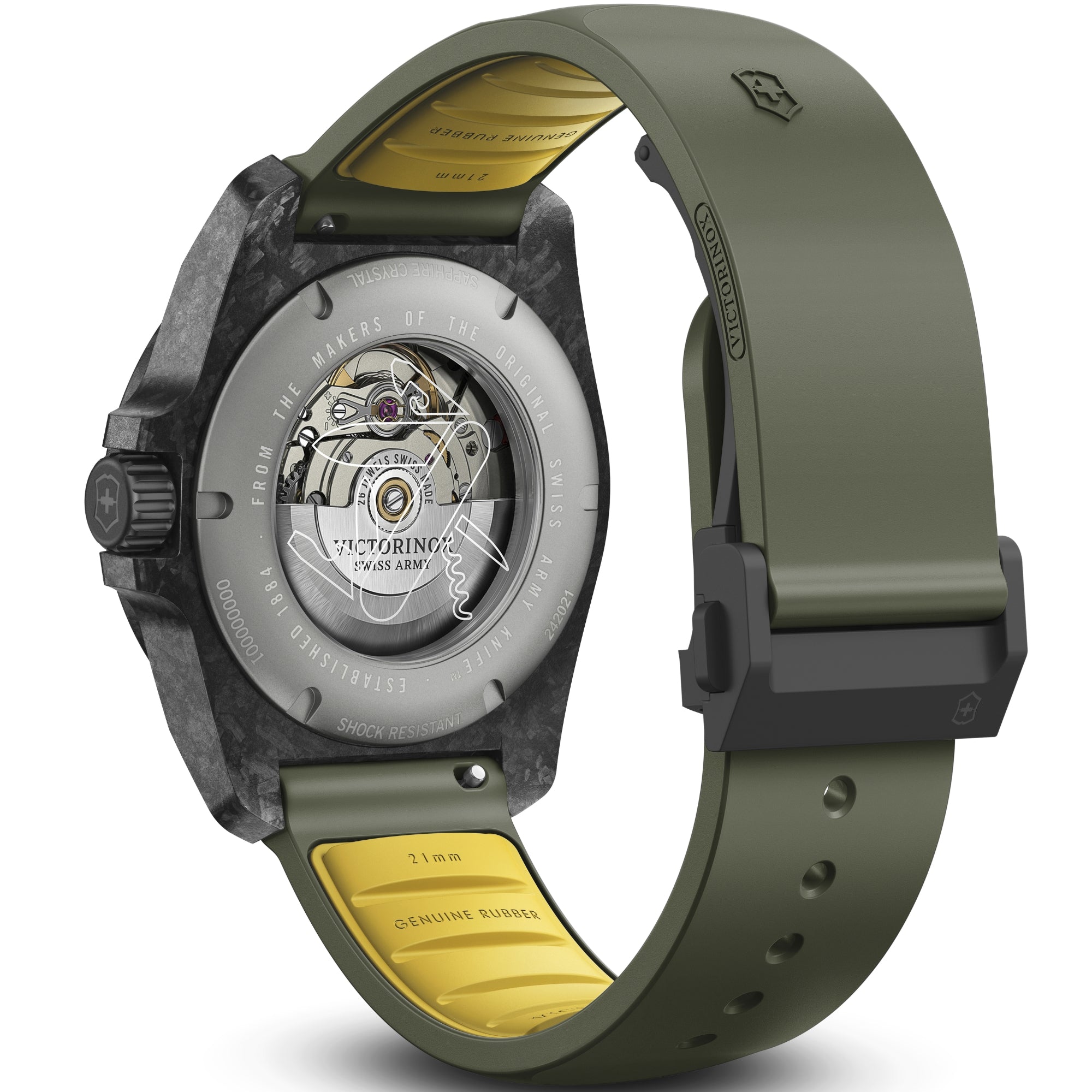 Victorinox 242021.1 green rubber strap and deployant clasp detail