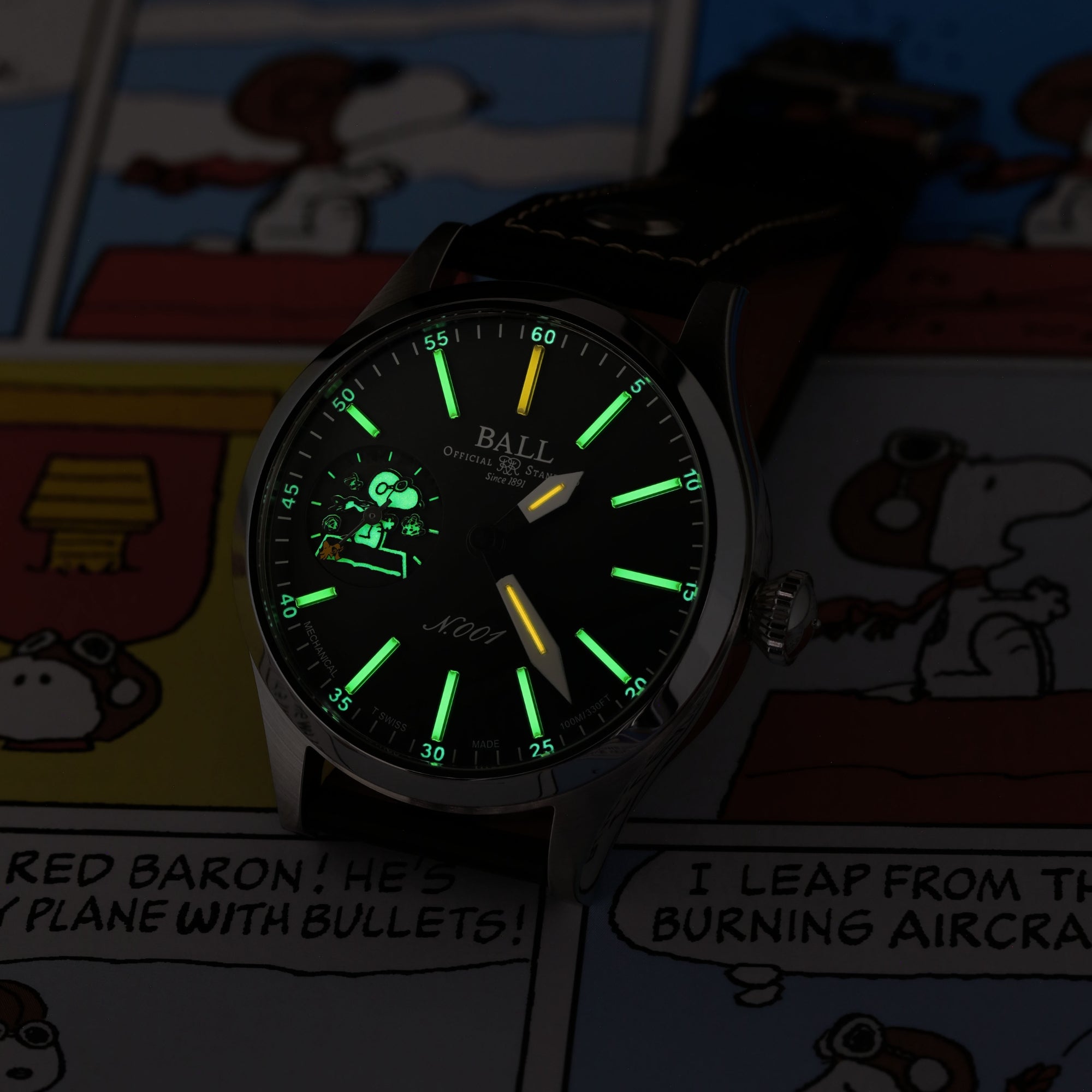 BALL Engineer Master II 46mm Snoopy Flying Ace Limited Edition Black Dial Leather Mens Manual-Wind Watch NM2638C-L2J-BK