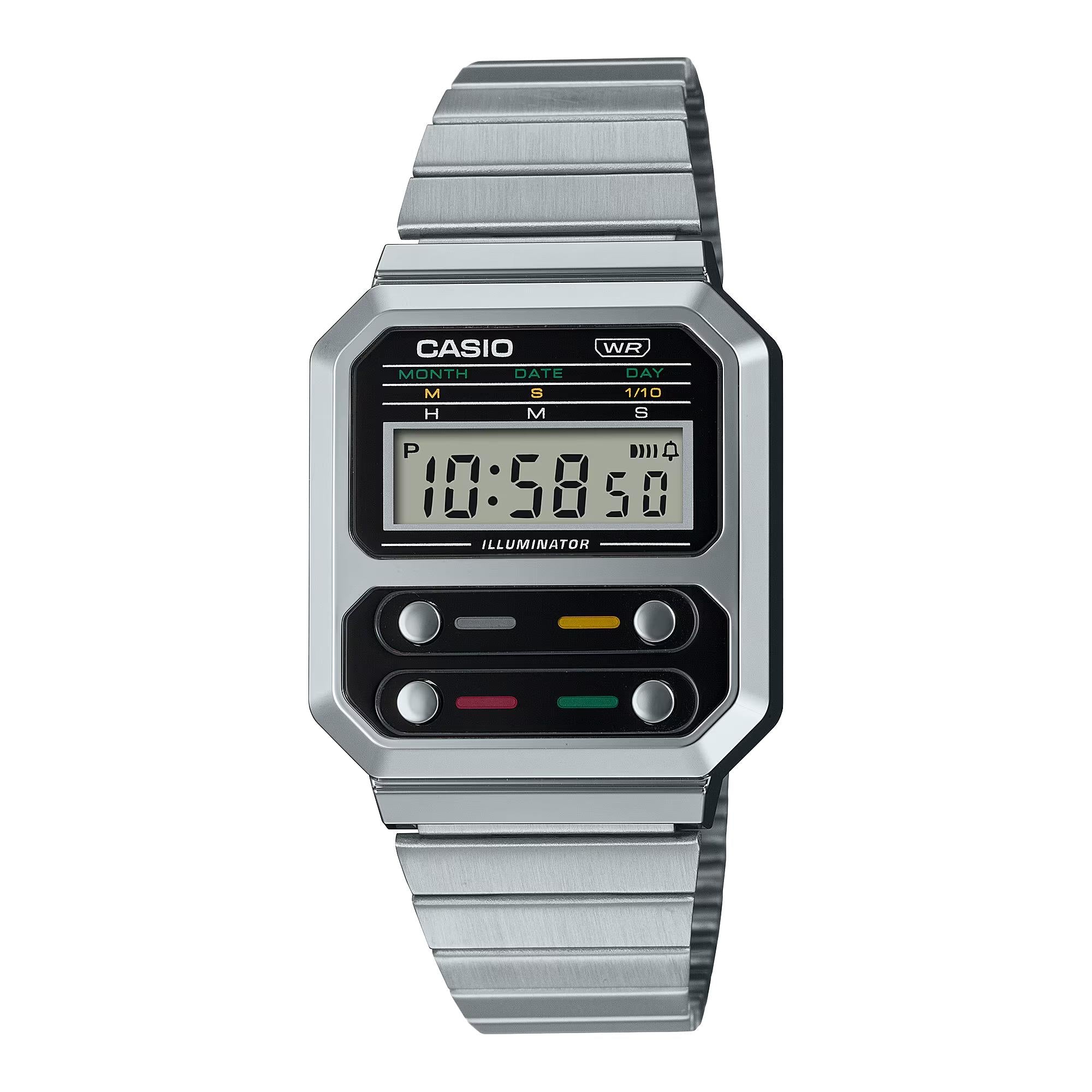 Casio Collection Vintage Retro Digital "F100 CASIO classic" Steel Bracelet Watch A100WE-1AEF