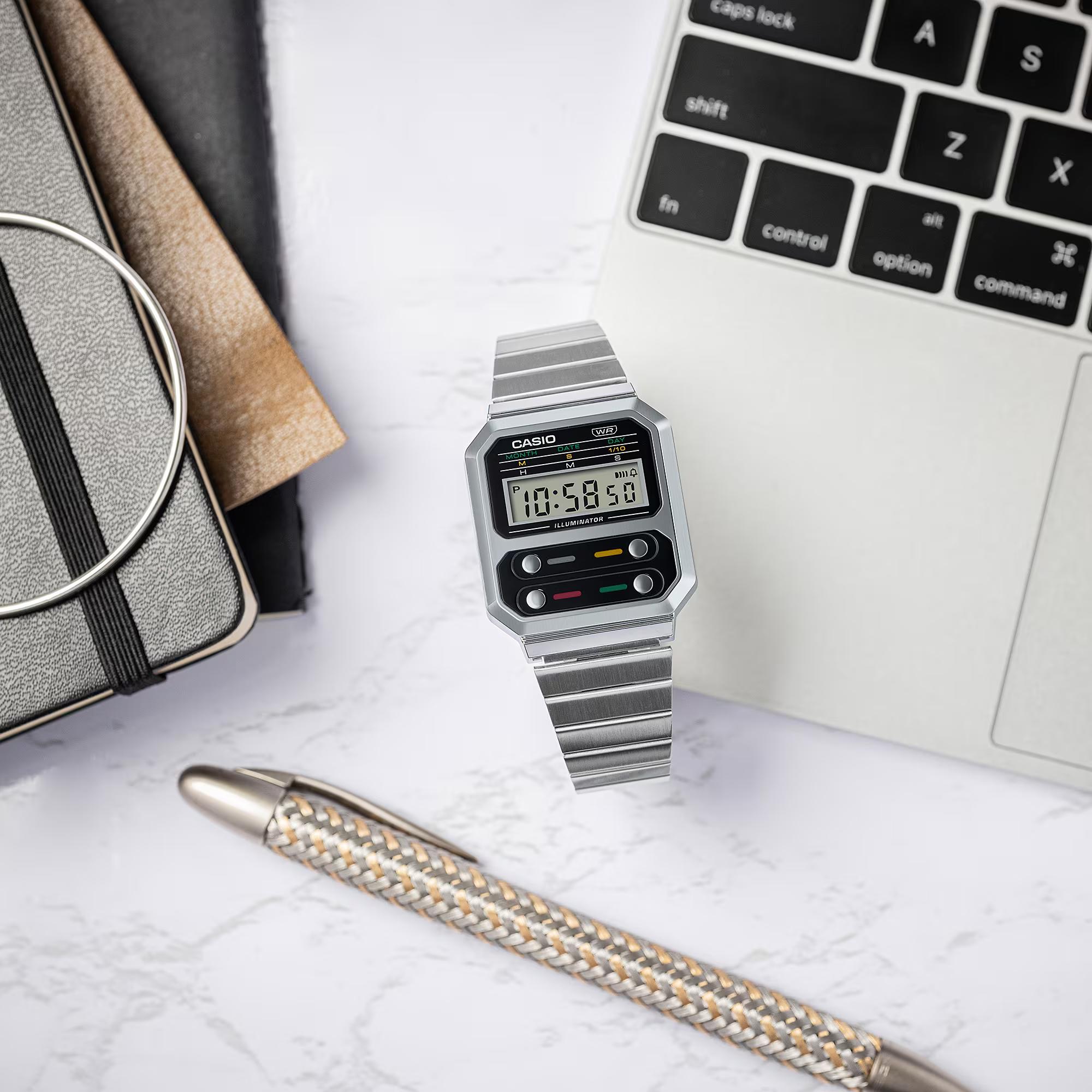Casio Collection Vintage Retro Digital "F100 CASIO classic" Steel Bracelet Watch A100WE-1AEF