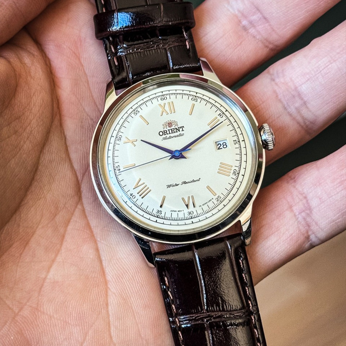 Orient Bambino II Classic Vintage Style Automatic Champagne Dial Leather Strap Men’s Dress Watch TAC00009N0