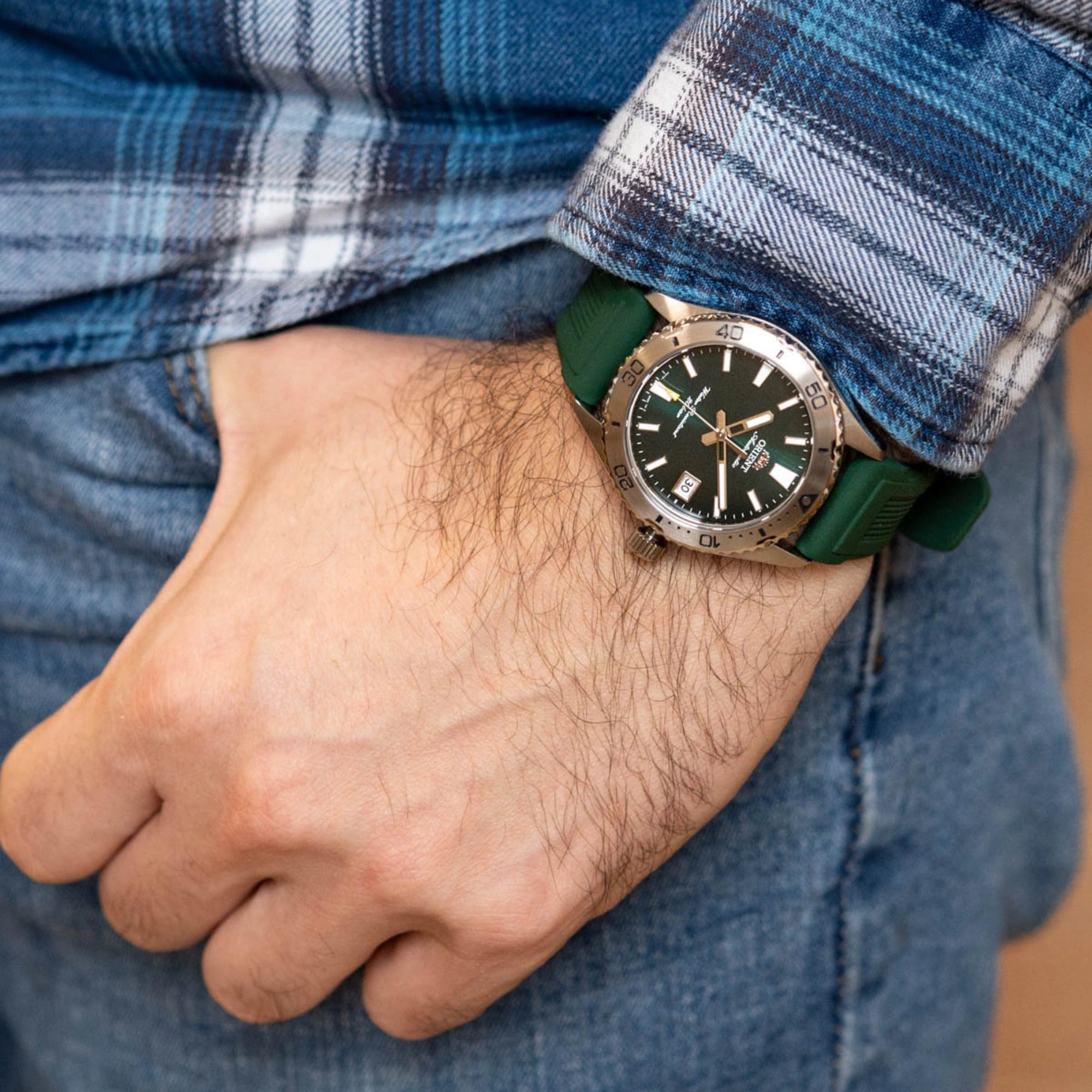 Orient Mako green dial 40mm rubber strap automatic watch on wrist