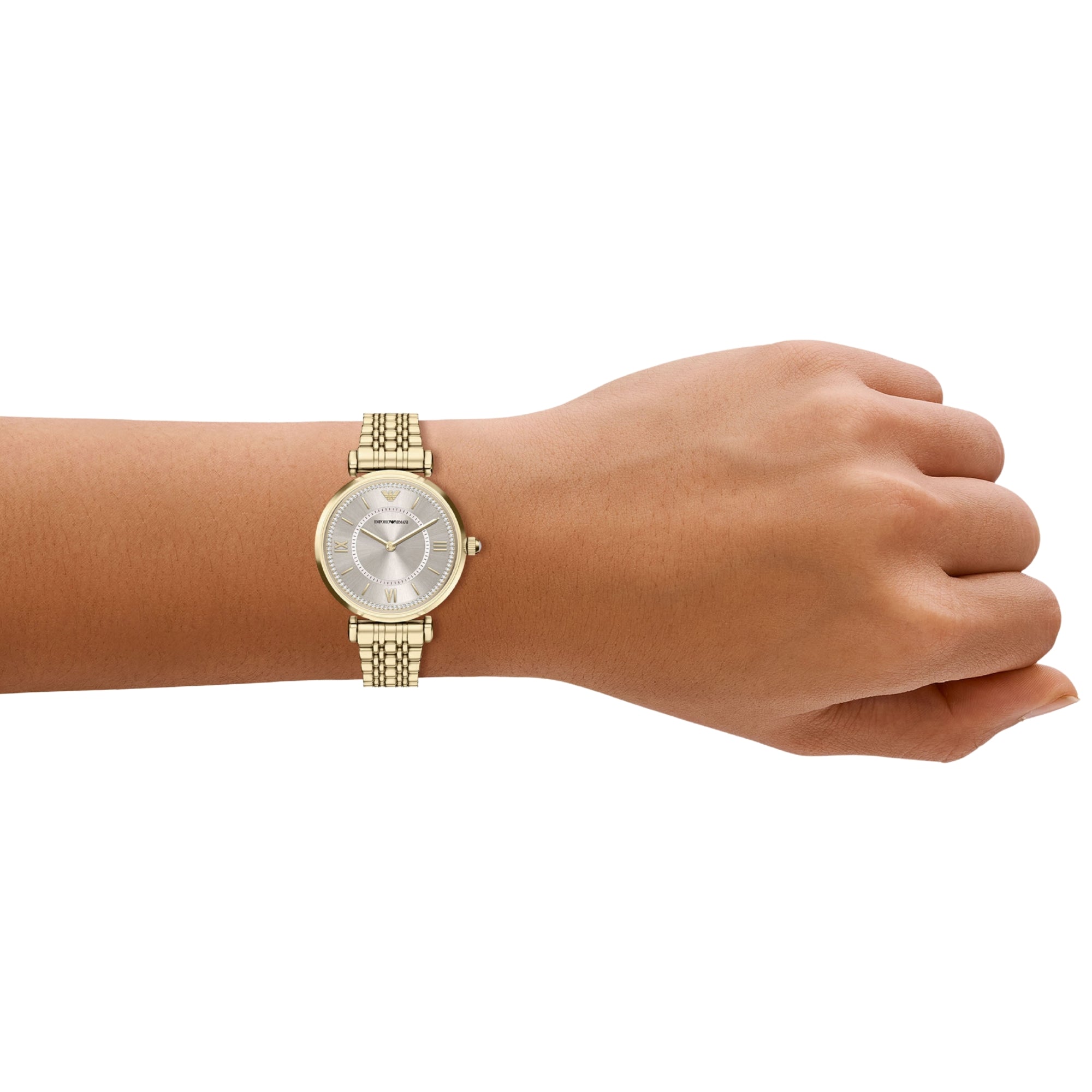 Emporio Armani Gianni T-Bar 32mm Beige Gold Dial Steel Ladies Quartz Watch AR11766