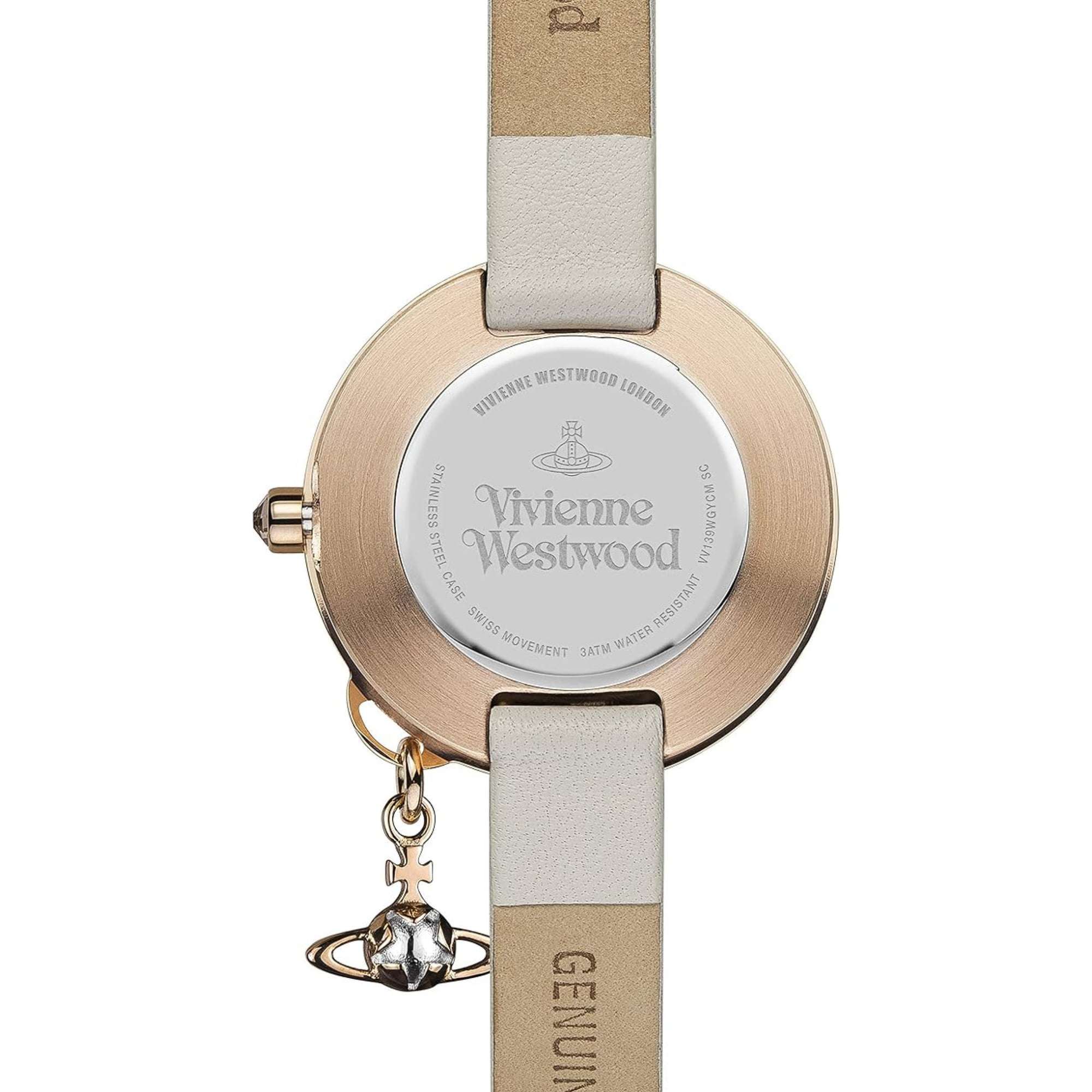 Vivienne Westwood Exclusive Bow Rose Gold Steel Case Cream Leather Strap Grey Dial Ladies Watch VV139WGYCM