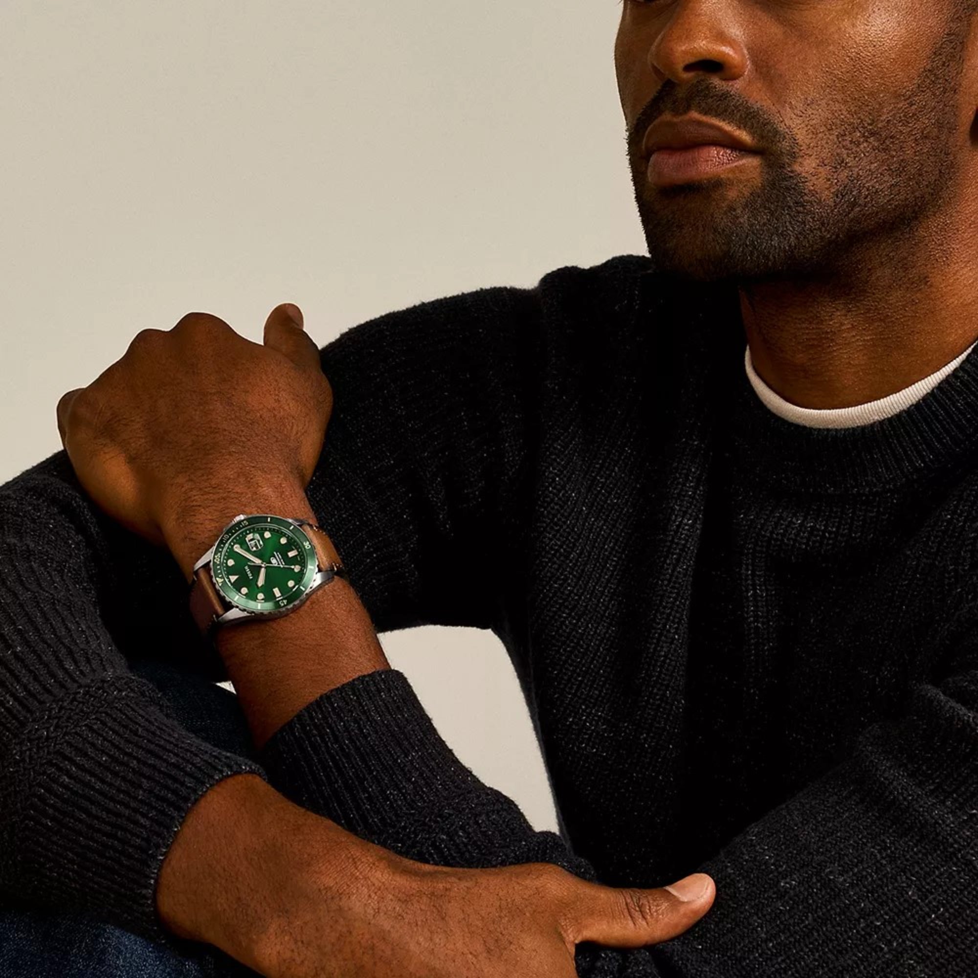 Fossil Blue Dive Quartz Green Dial Leather Strap Men's Watch FS5946