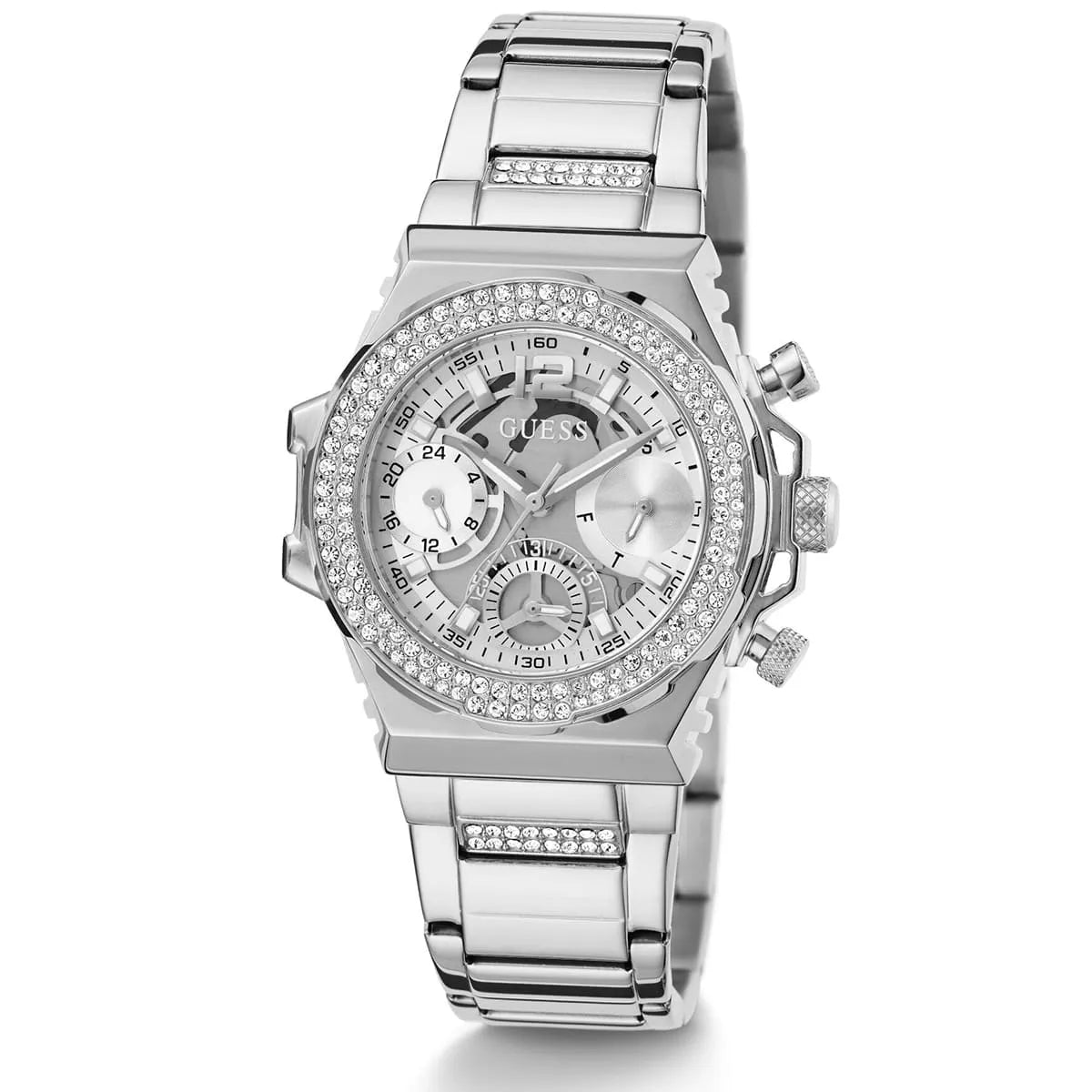 GUESS Fusion Stone Set Silver Dial Steel Strap Women's Watch GW0552L1