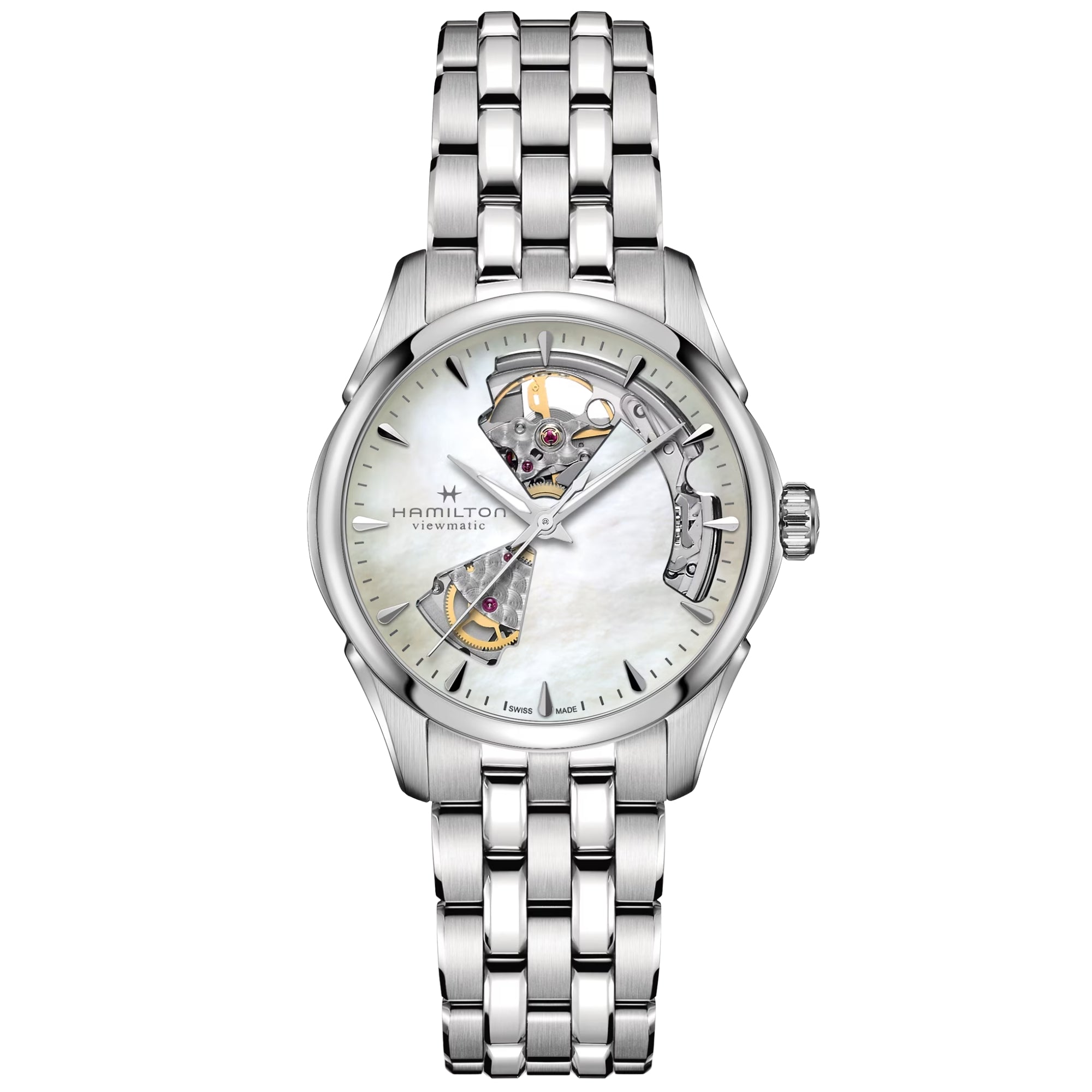Hamilton ladies automatic open-heart watch, mother-of-pearl dial, steel bracelet.