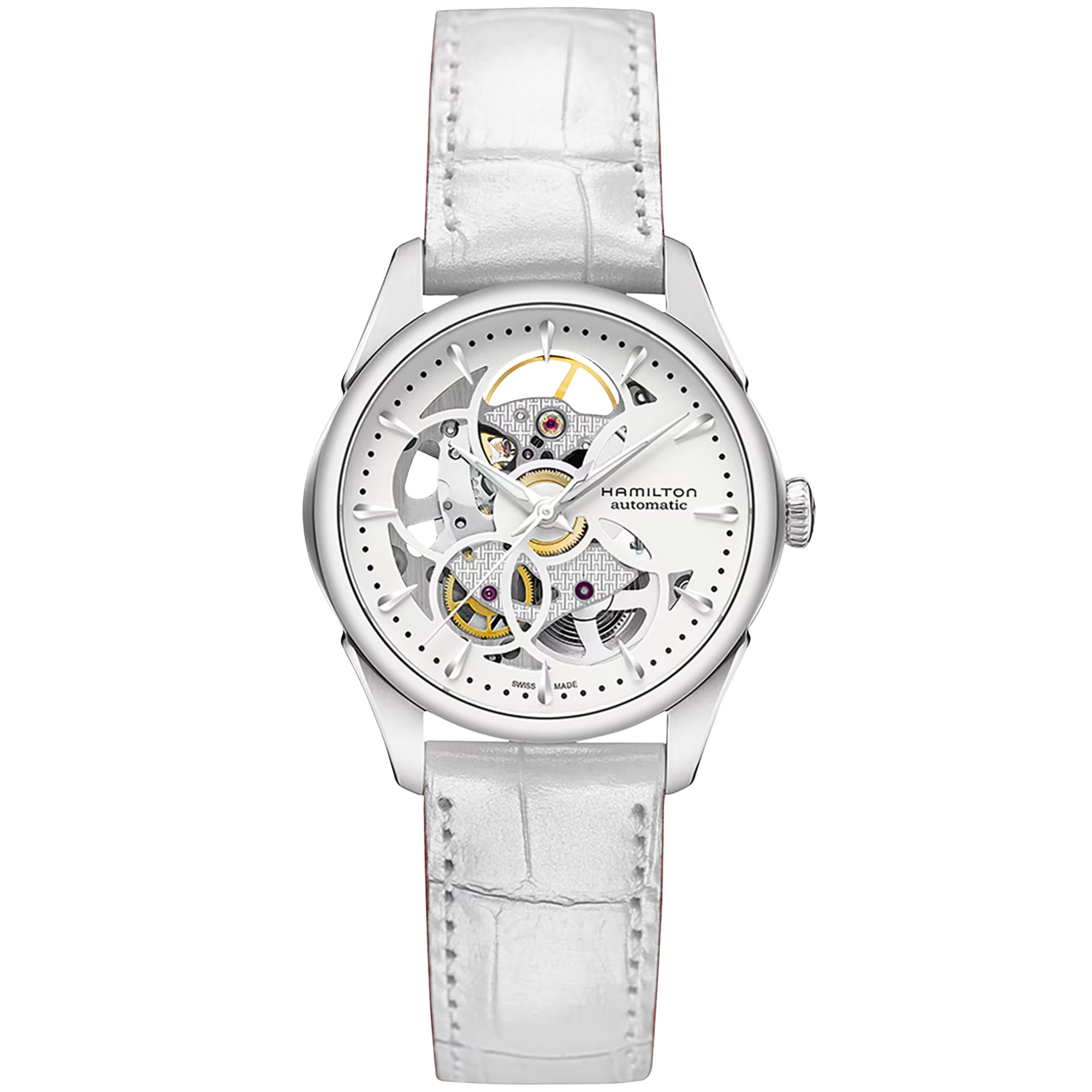 Ladies automatic skeleton watch with white dial and white leather strap, 36mm case.