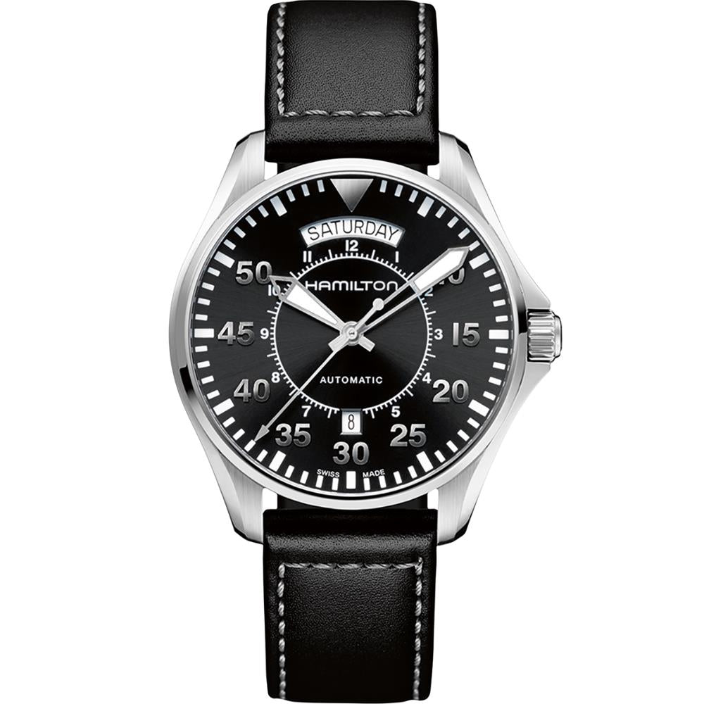 Hamilton Khaki Aviation Pilot Day Date Automatic Black Dial Leather Strap Men's Watch H64615735