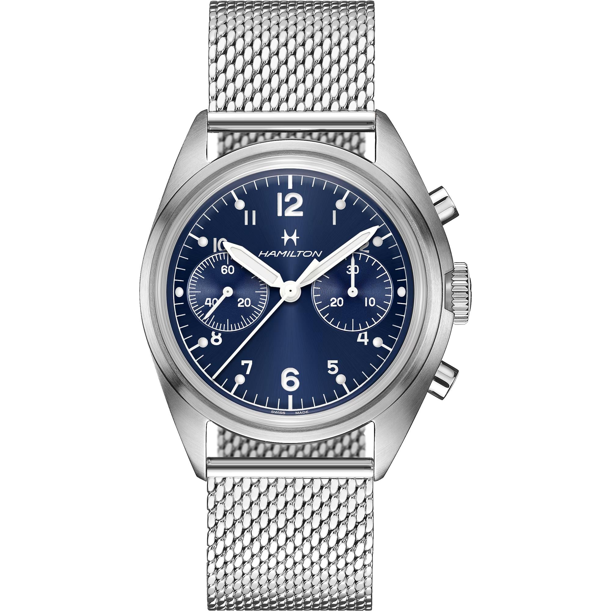 Hamilton Khaki Aviation Pilot Pioneer Mechanical Chronograph Blue Dial Steel Strap Men's Watch H76409140