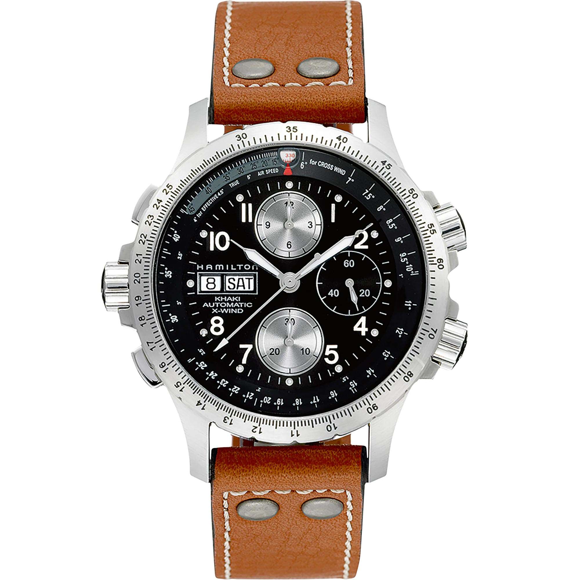 Hamilton Khaki Aviation X-Wind Automatic Chronograph Black Dial Brown Leather Strap Men's Watch H77616533 - WatchNation
