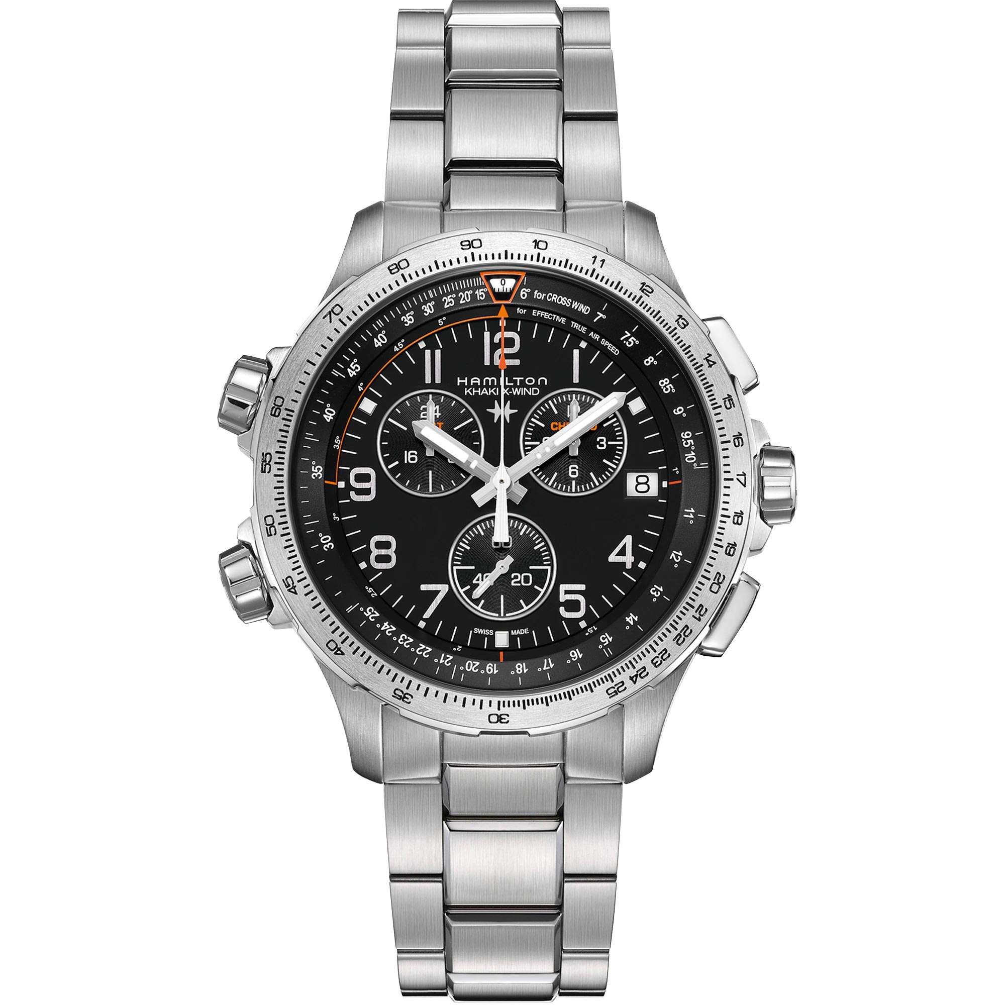 Hamilton Khaki Aviation X-Wind GMT Chrono Quartz Black Dial Steel Strap Men's Watch H77912135