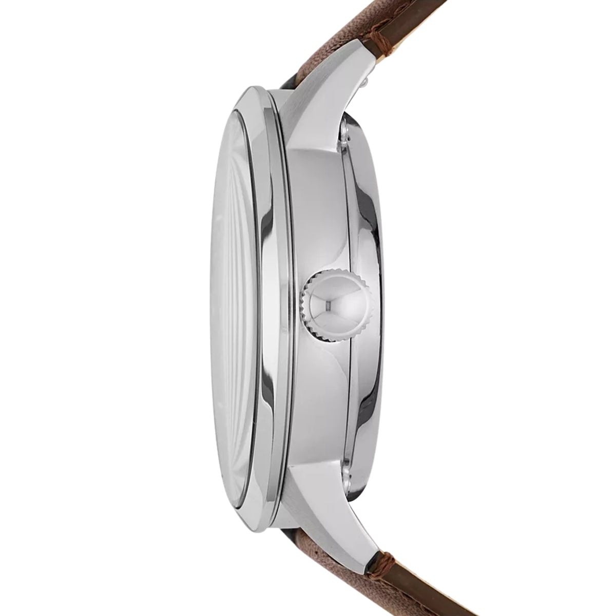 Fossil Townsman ME3110 side profile view highlighting polished steel case profile and textured crown detail