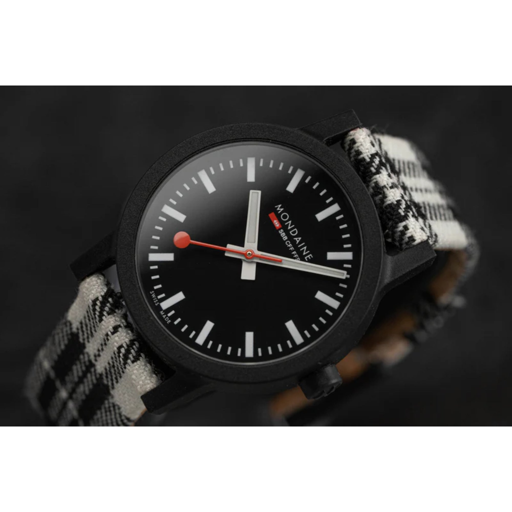 Mondaine Essence Quartz Black Dial Tartan Synthetic Strap Ladies Watch MS1.32120.LB