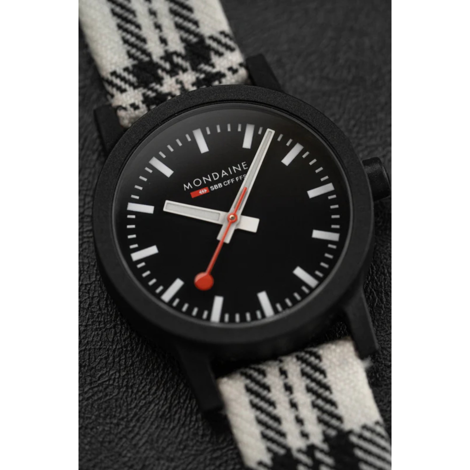 Mondaine Essence Quartz Black Dial Tartan Synthetic Strap Ladies Watch MS1.32120.LB